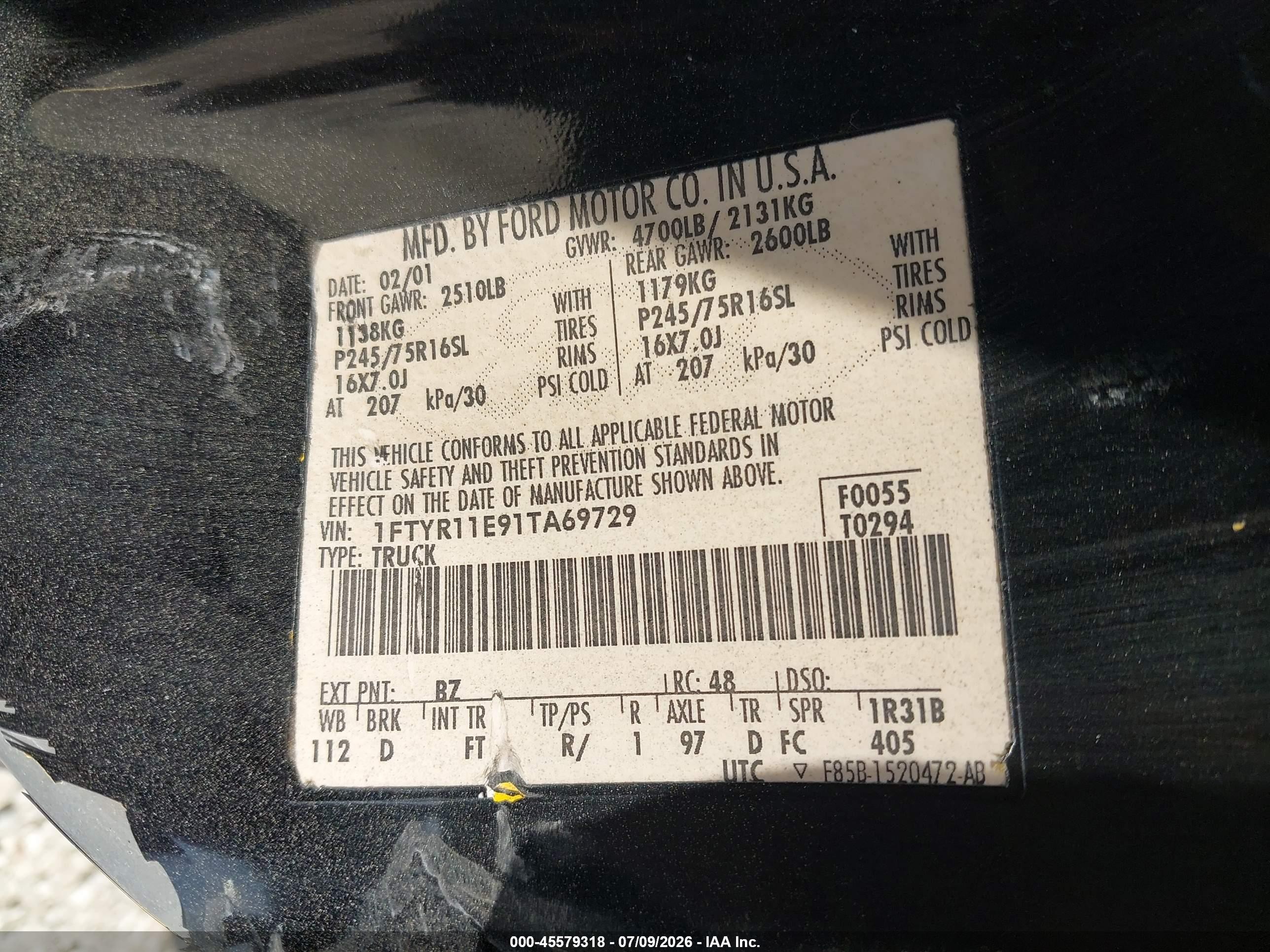 2001 Ford Ranger Edge Black vin: 1FTYR11E91TA69729