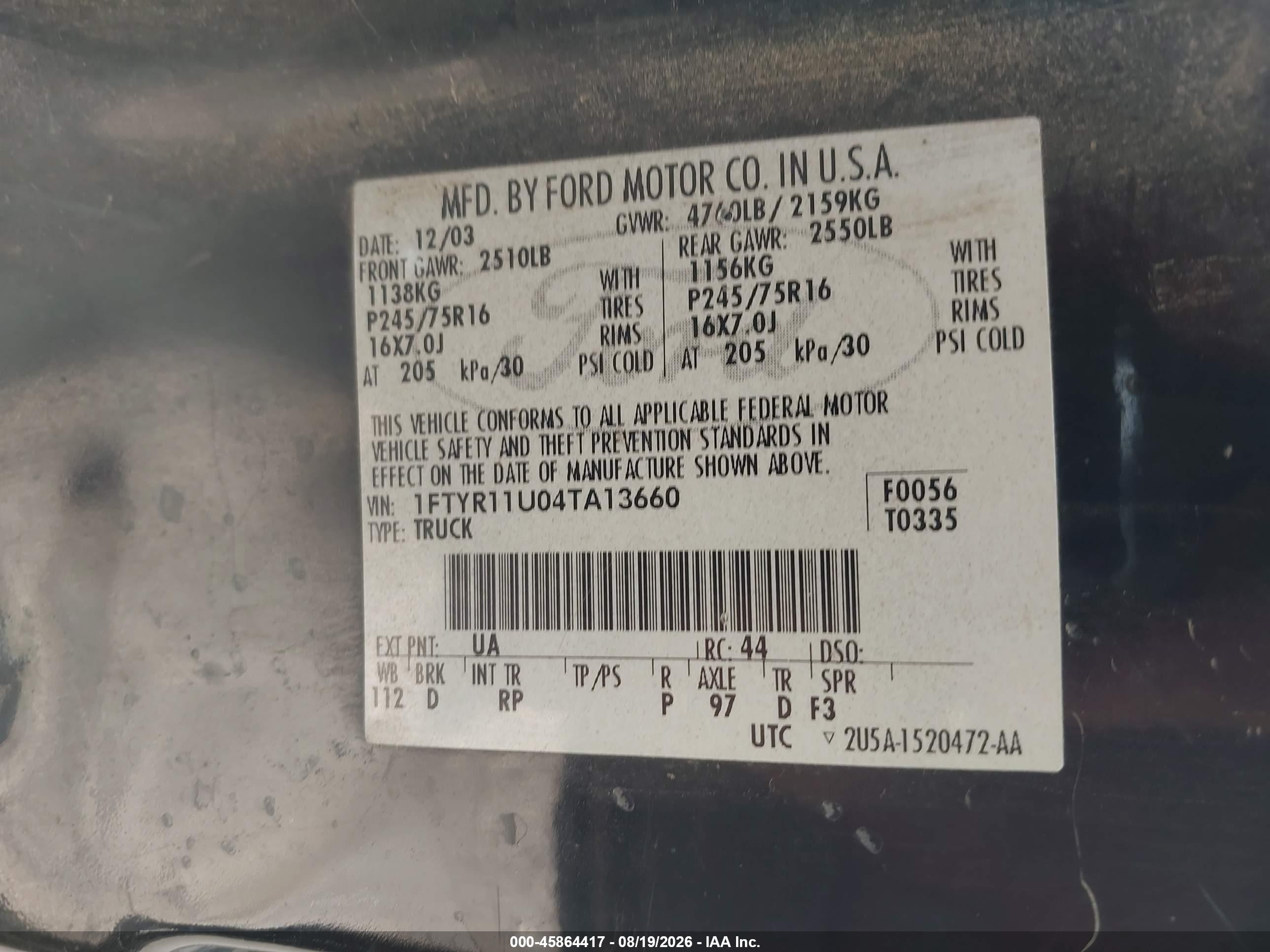 2004 Ford Ranger Edge Black vin: 1FTYR11U04TA13660