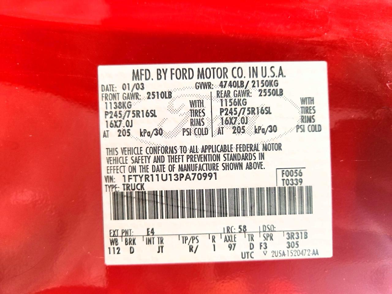 2003 Ford Ranger Red vin: 1FTYR11U13PA70991