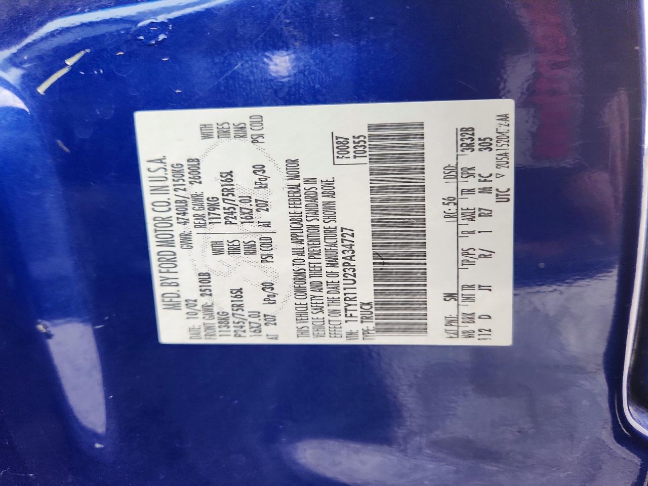 2003 Ford Ranger Blue vin: 1FTYR11U23PA34727