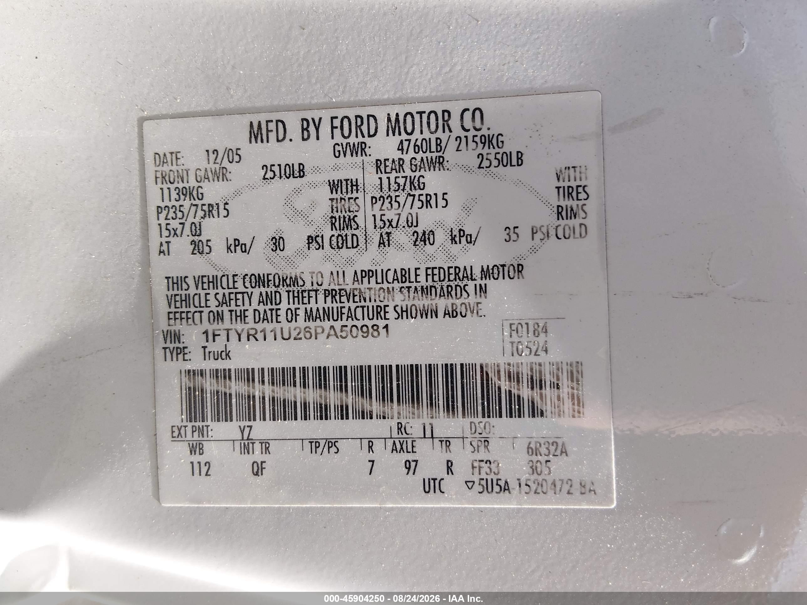 2006 Ford Ranger Sport/xl/xlt White vin: 1FTYR11U26PA50981