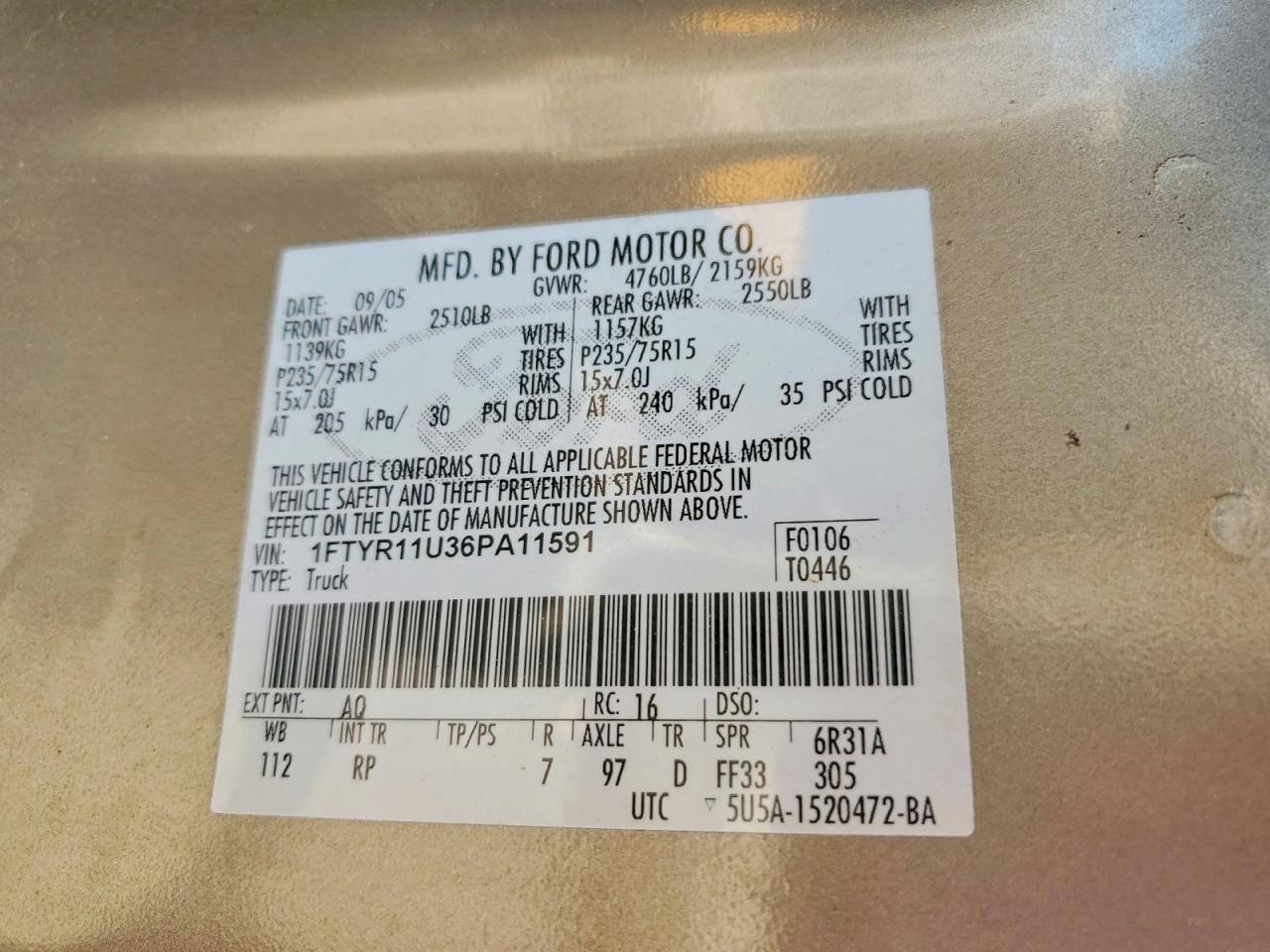 2006 Ford Ranger Gold vin: 1FTYR11U36PA11591