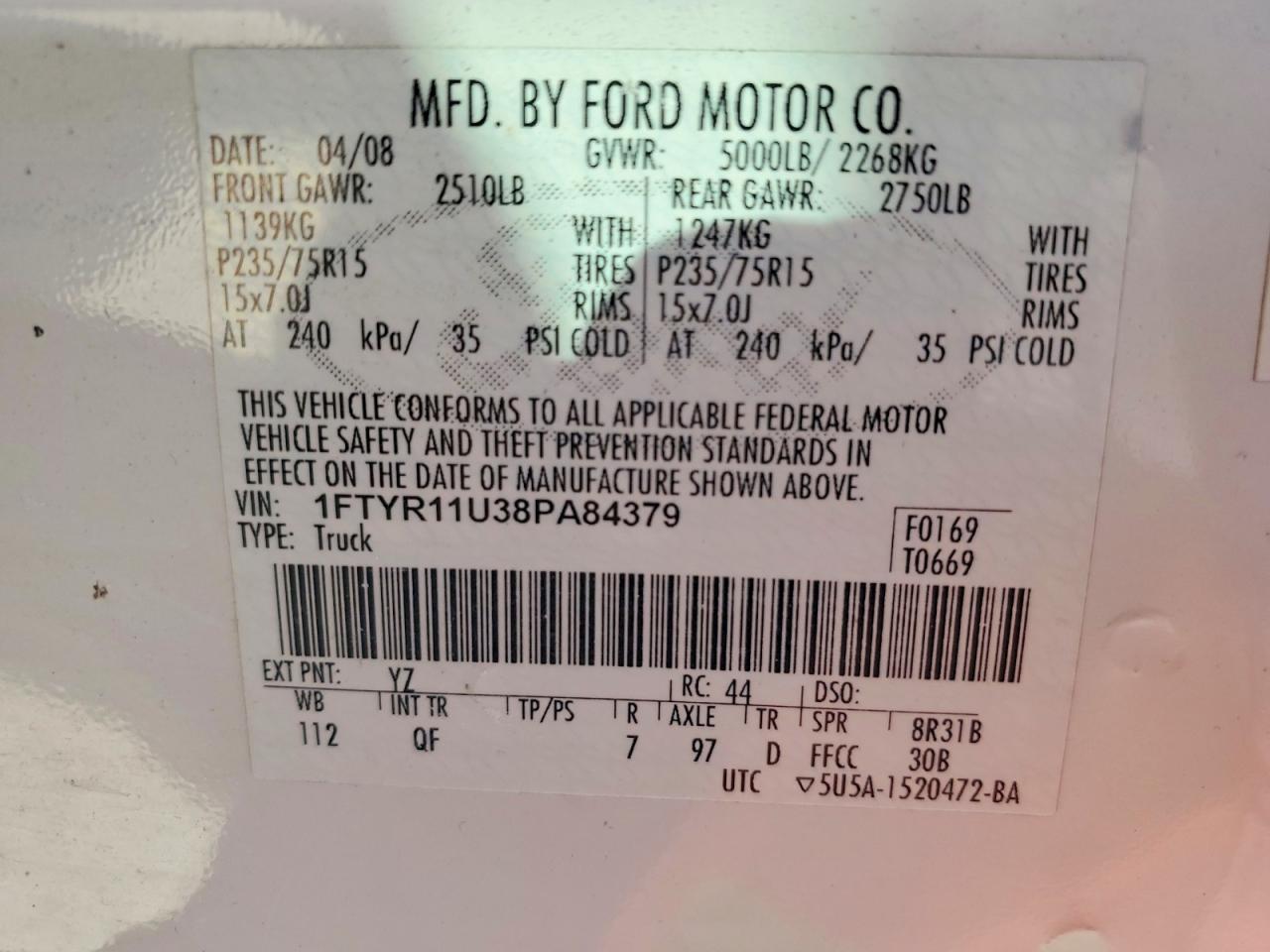 2008 Ford Ranger Белый vin: 1FTYR11U38PA84379