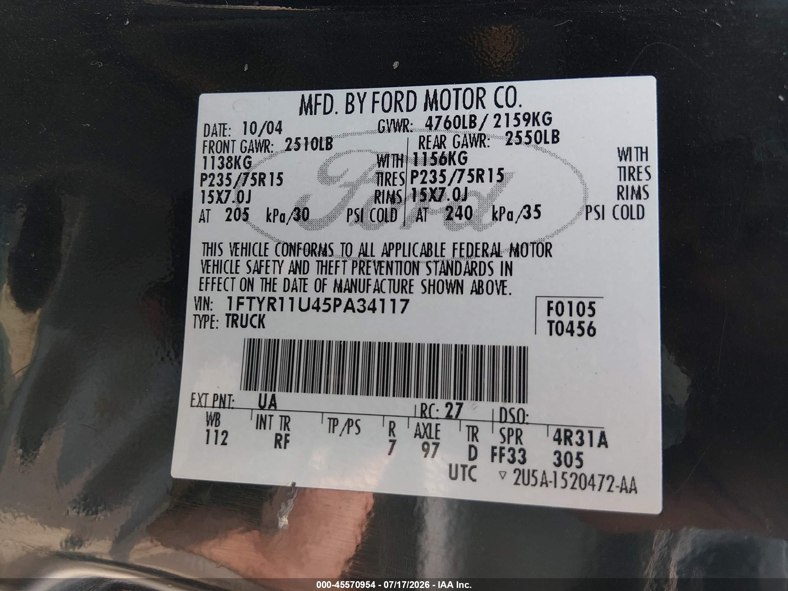 2005 Ford Ranger Edge/xl/xlt Black vin: 1FTYR11U45PA34117