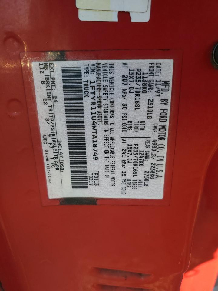 1998 Ford Ranger Red vin: 1FTYR11U4WTA18749