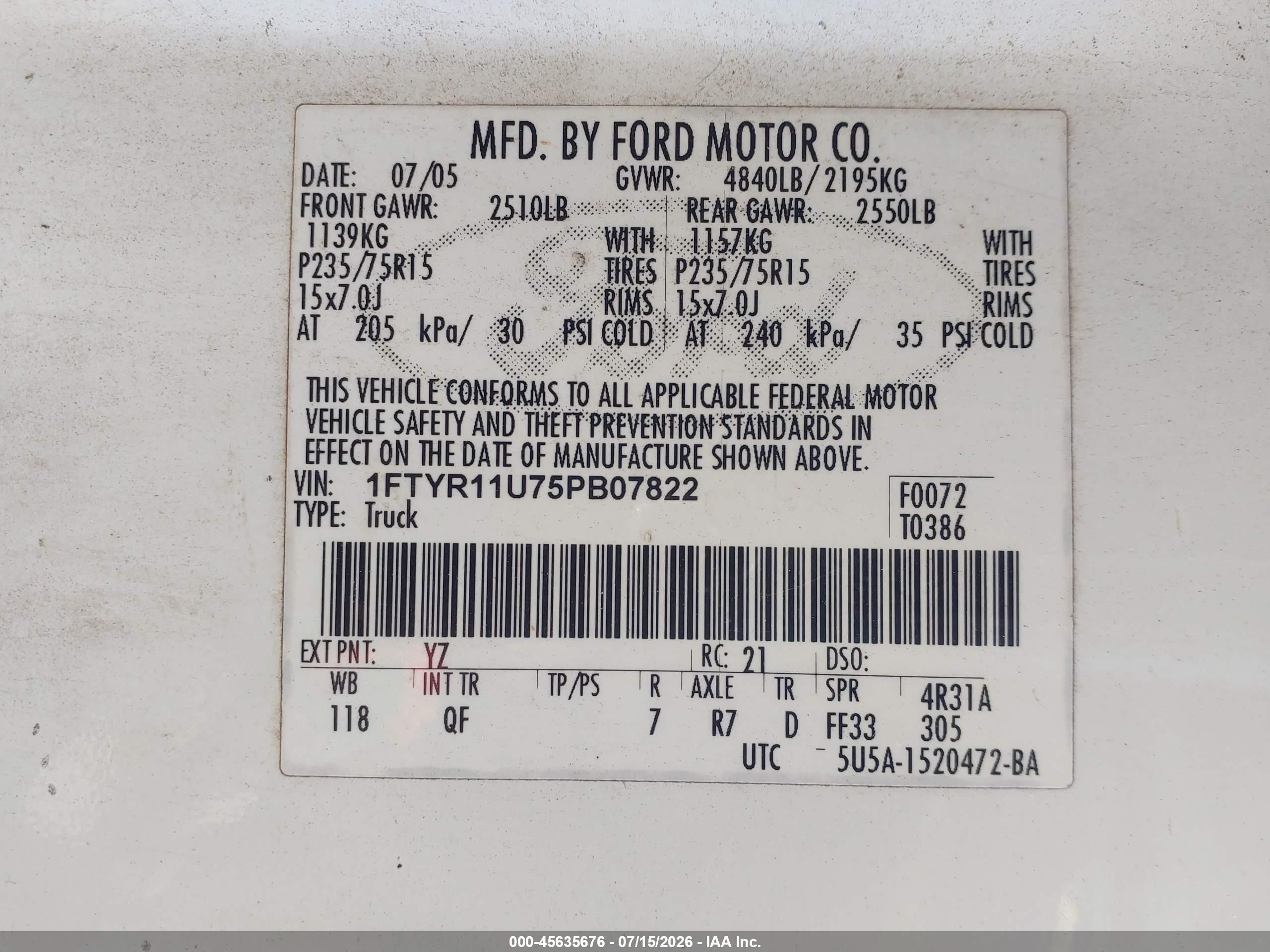 2005 Ford Ranger Edge/xl/xlt White vin: 1FTYR11U75PB07822