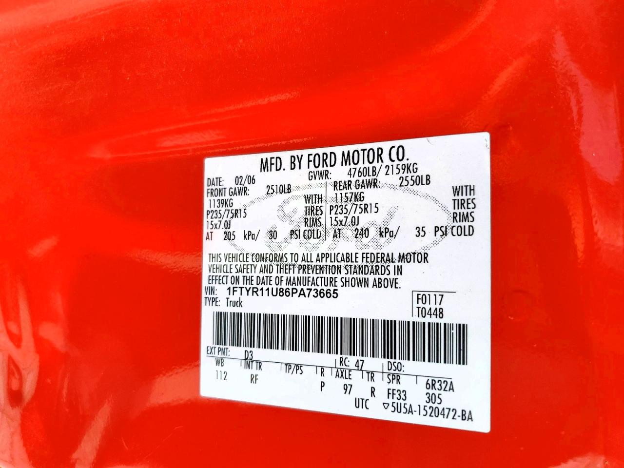 2006 Ford Ranger Red vin: 1FTYR11U86PA73665
