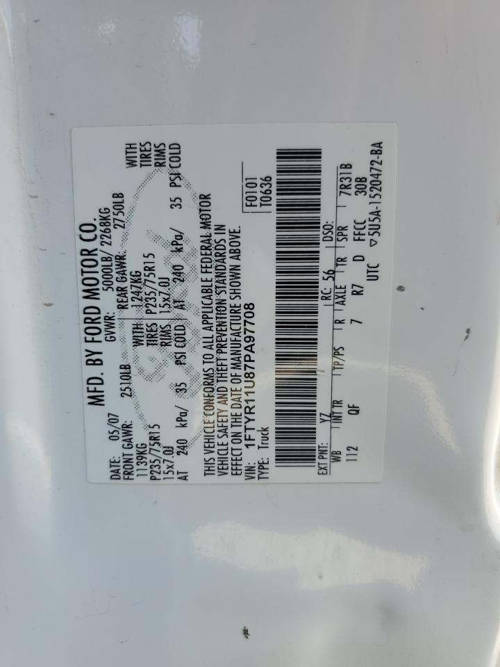 2007 Ford Ranger White vin: 1FTYR11U87PA97708