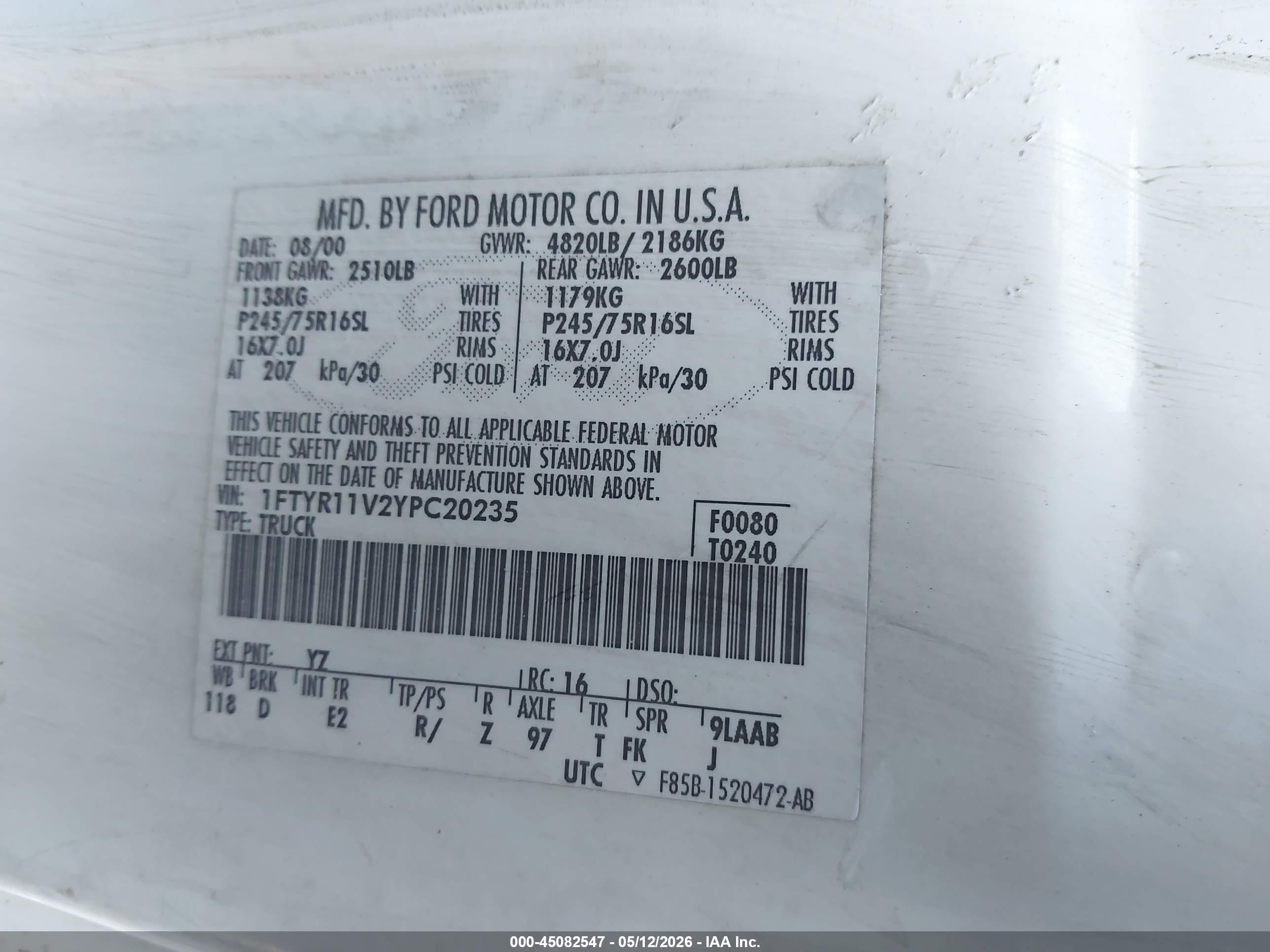 2000 Ford Ranger Xl/xlt White vin: 1FTYR11V2YPC20235