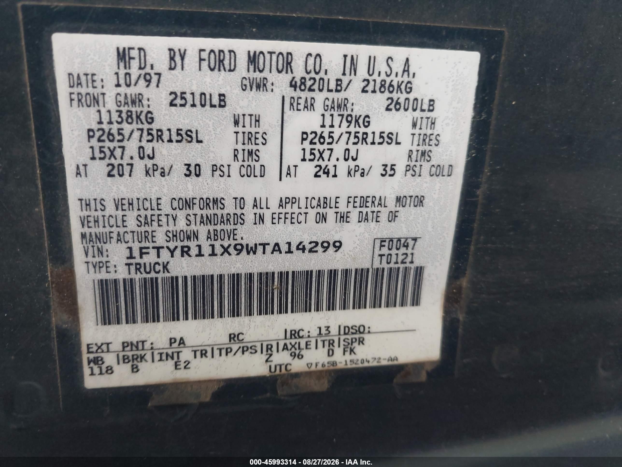 1998 Ford Ranger Splash/xl/xlt Green vin: 1FTYR11X9WTA14299