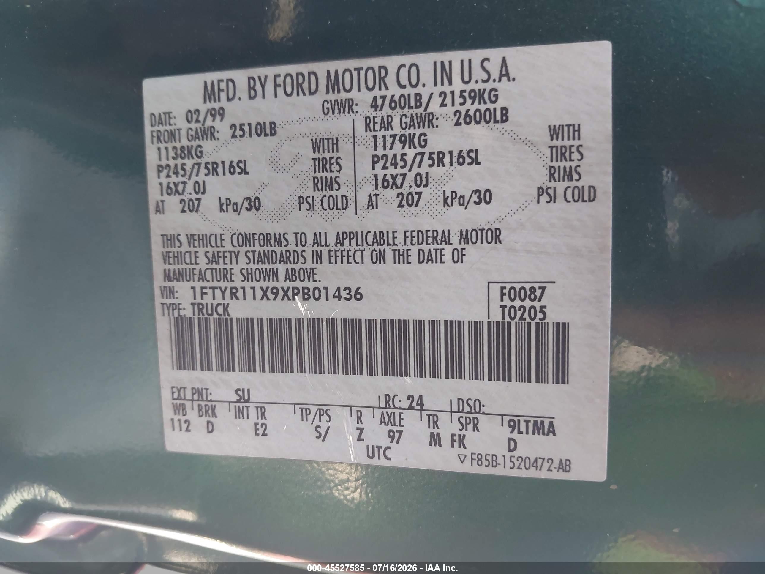 1999 Ford Ranger Xlt Green vin: 1FTYR11X9XPB01436