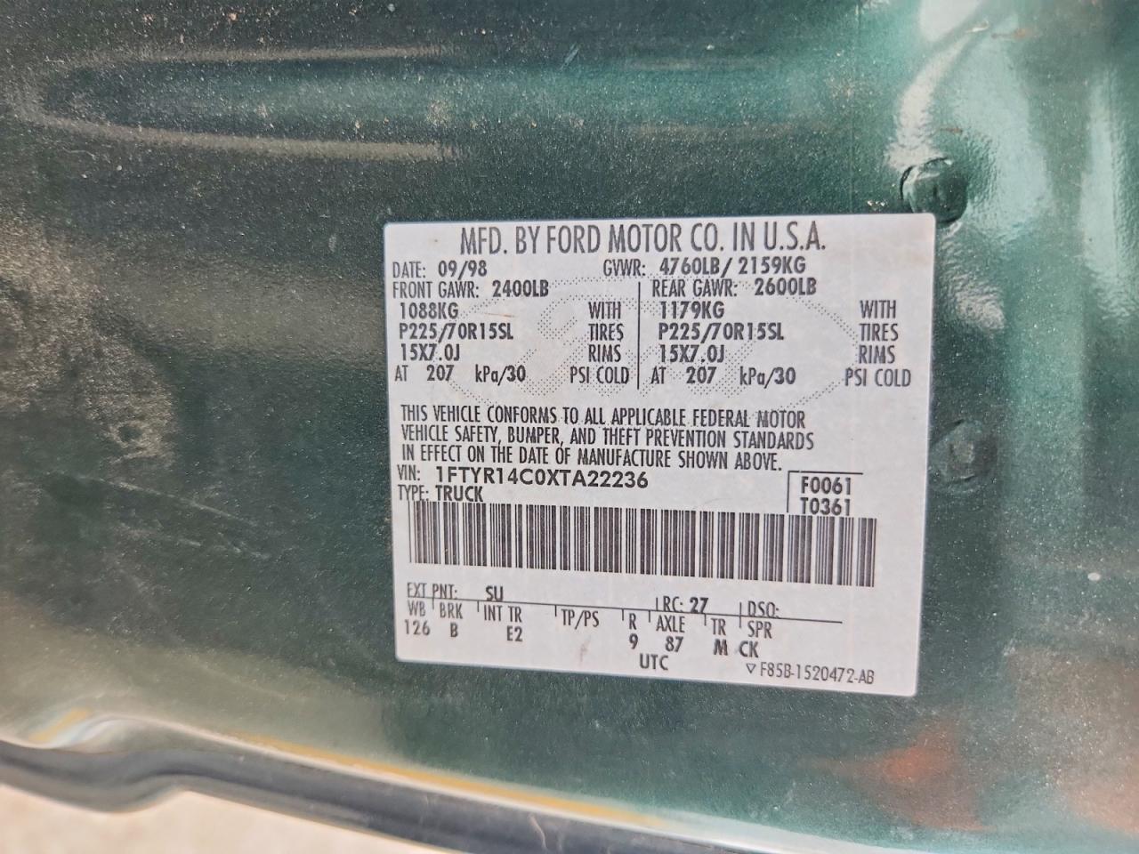 1999 Ford Ranger Super Cab Green vin: 1FTYR14C0XTA22236