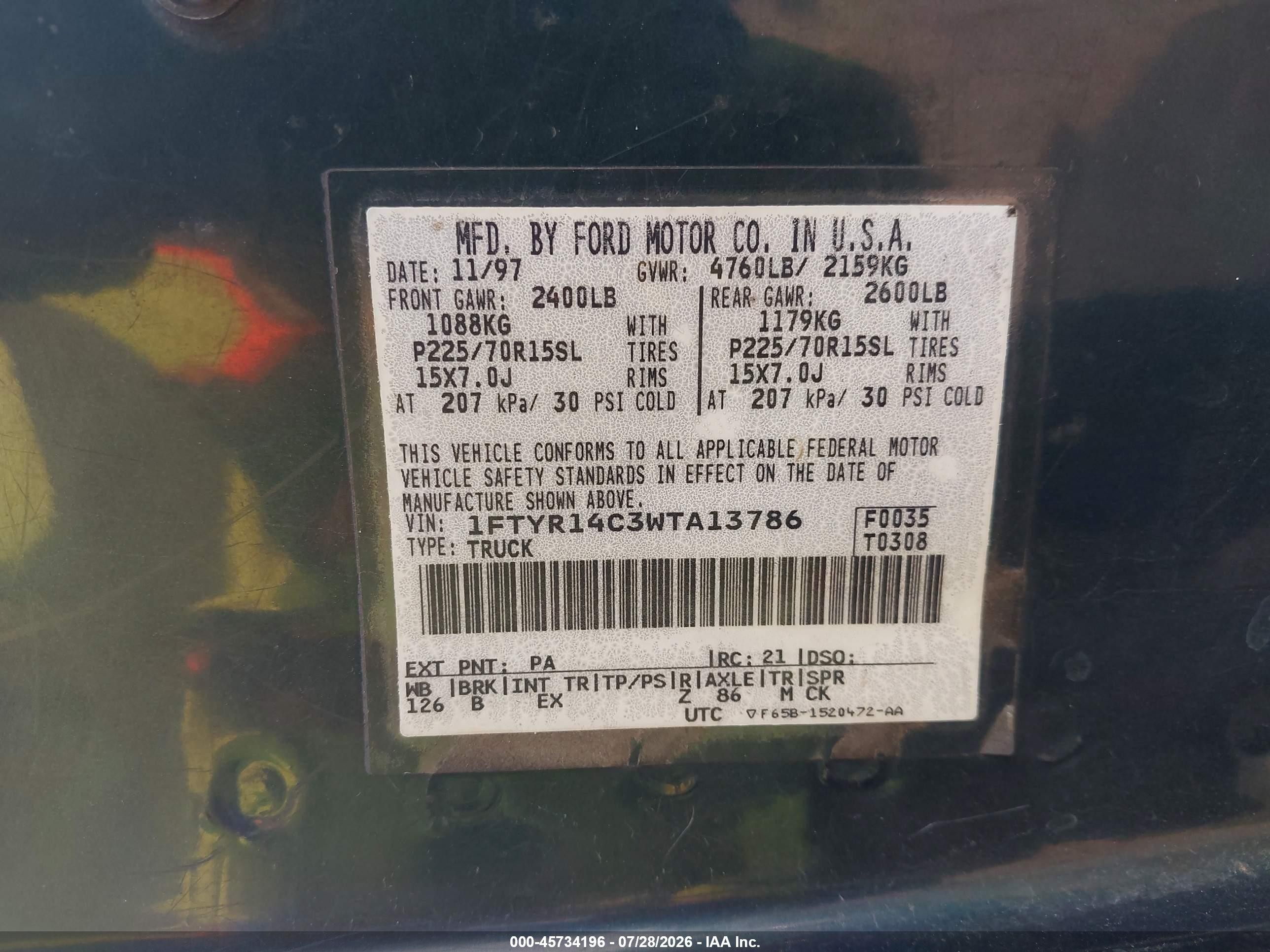 1998 Ford Ranger Xl/xlt Green vin: 1FTYR14C3WTA13786