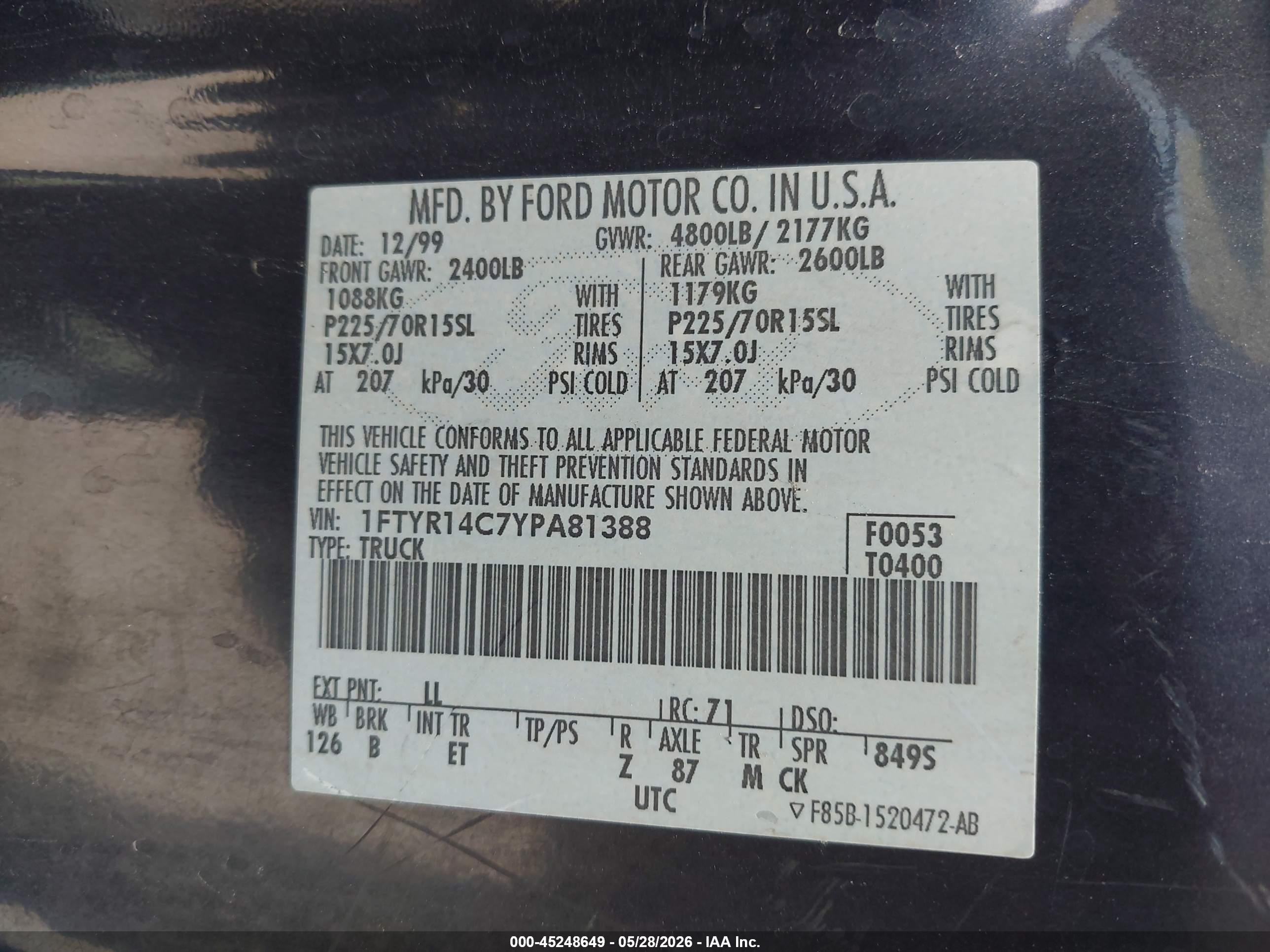 2000 Ford Ranger Xl/xlt Purple vin: 1FTYR14C7YPA81388