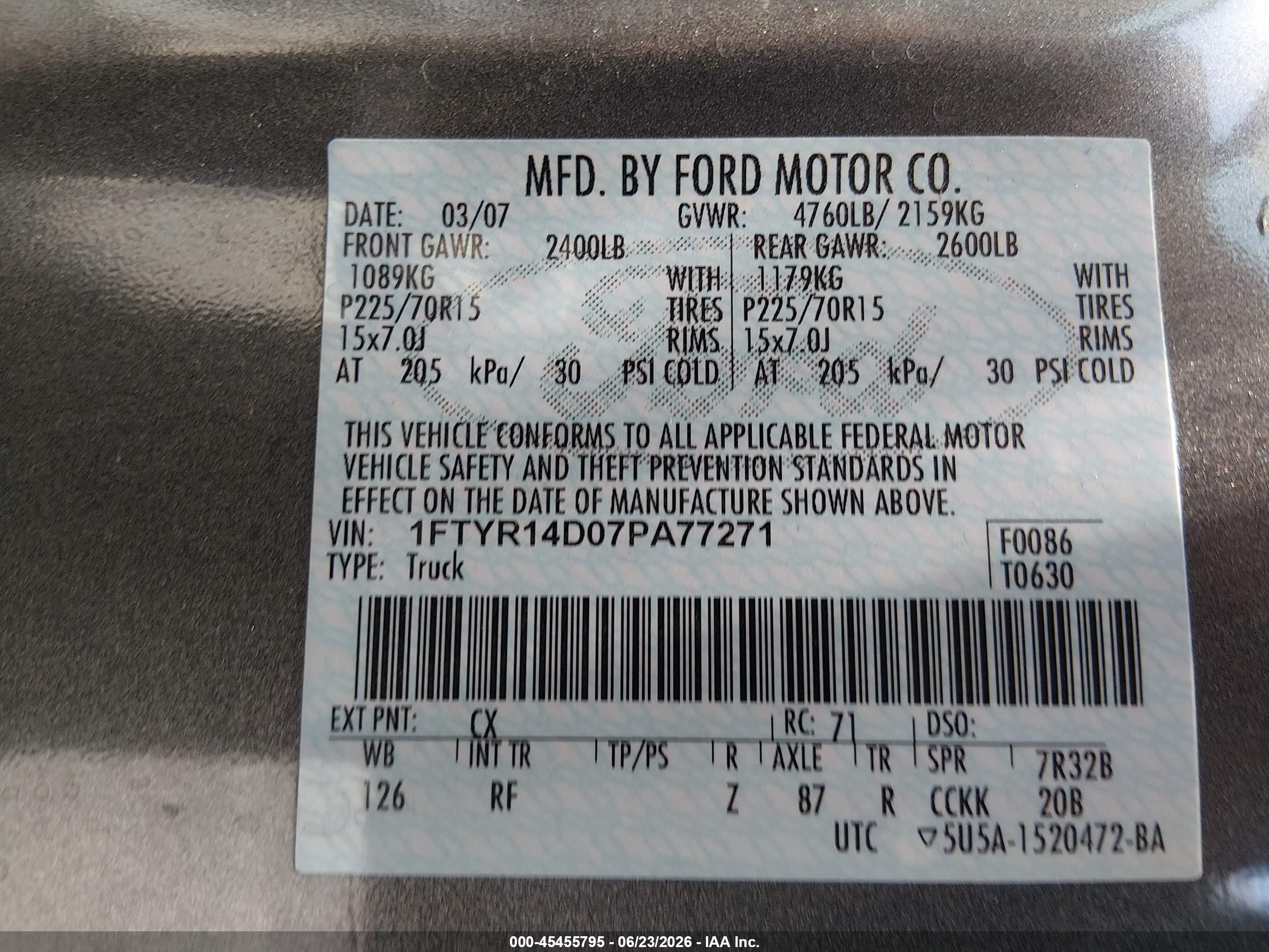 2007 Ford Ranger Stx/xl/xlt Серый vin: 1FTYR14D07PA77271
