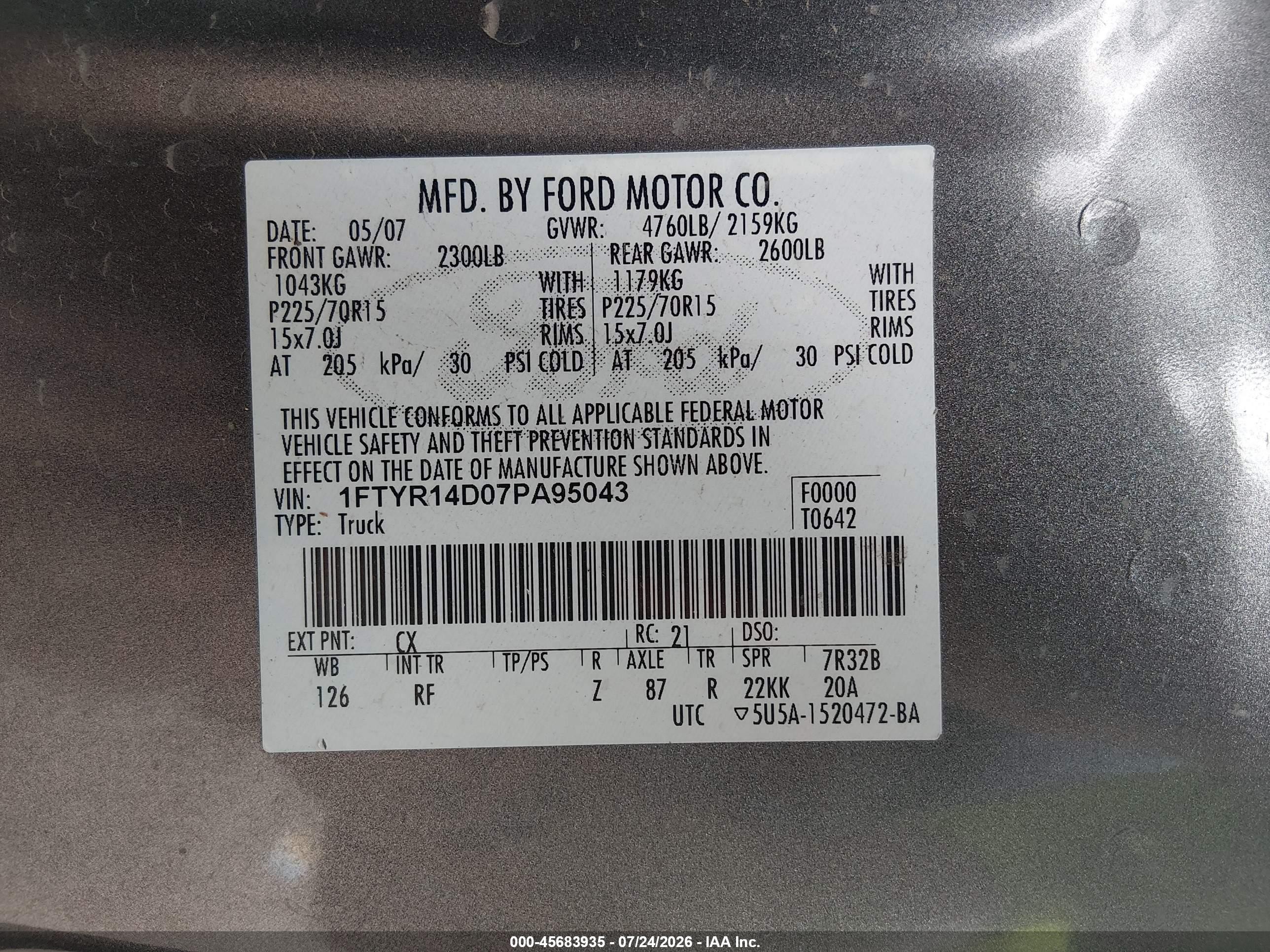 2007 Ford Ranger Stx/xl/xlt Gray vin: 1FTYR14D07PA95043