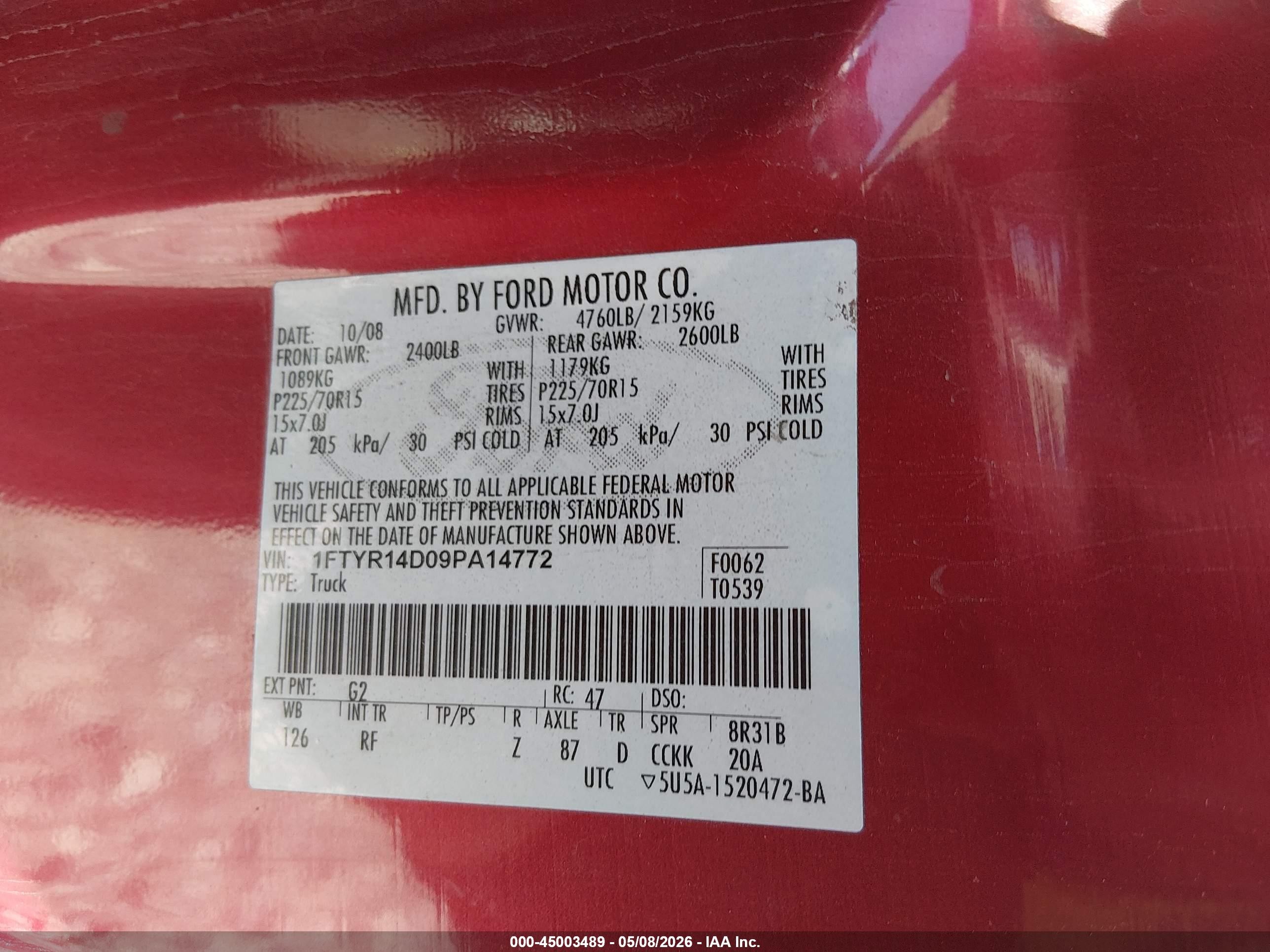 2009 Ford Ranger Xl/xlt Red vin: 1FTYR14D09PA14772