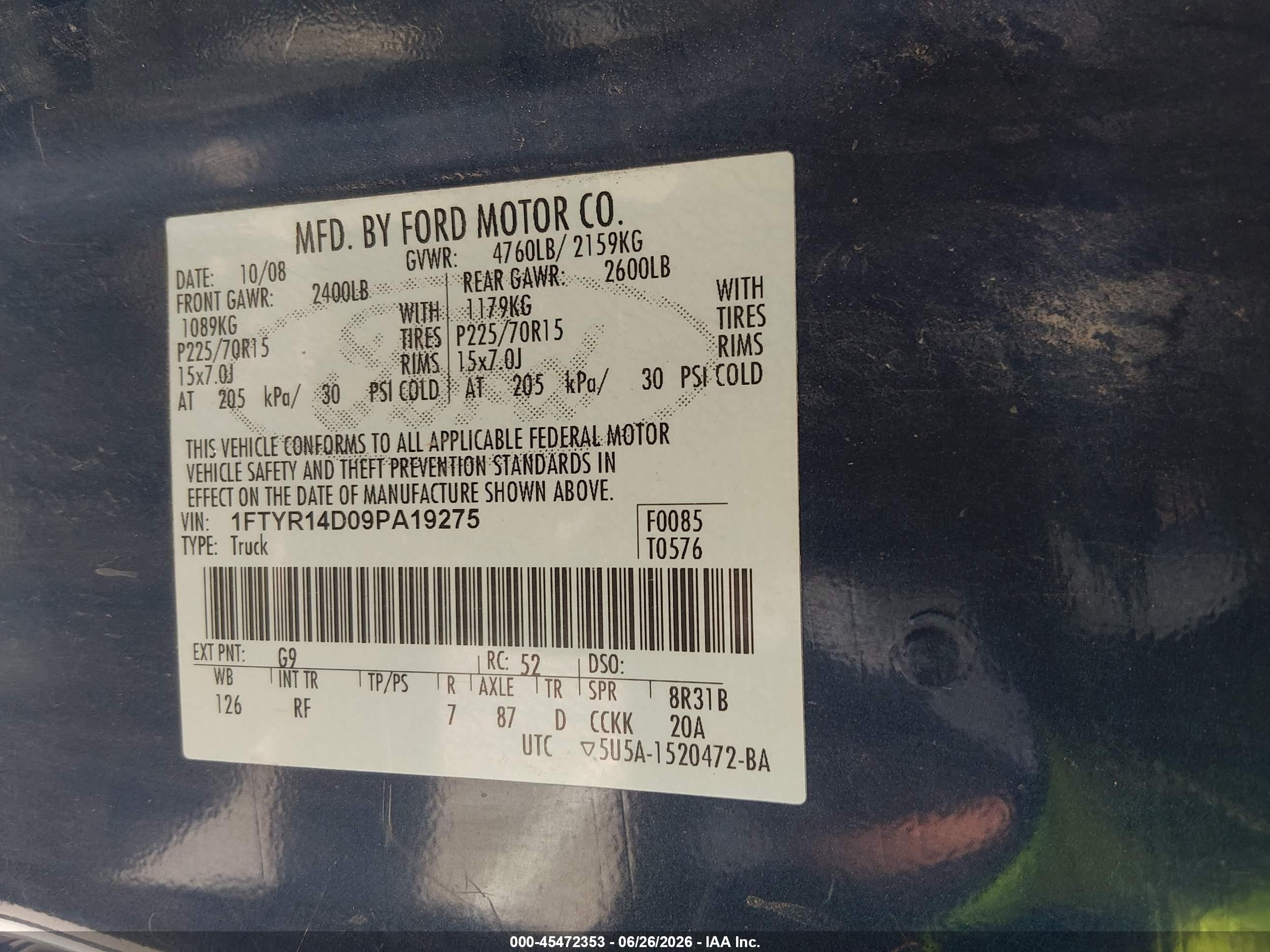 2009 Ford Ranger Xl/xlt Blue vin: 1FTYR14D09PA19275