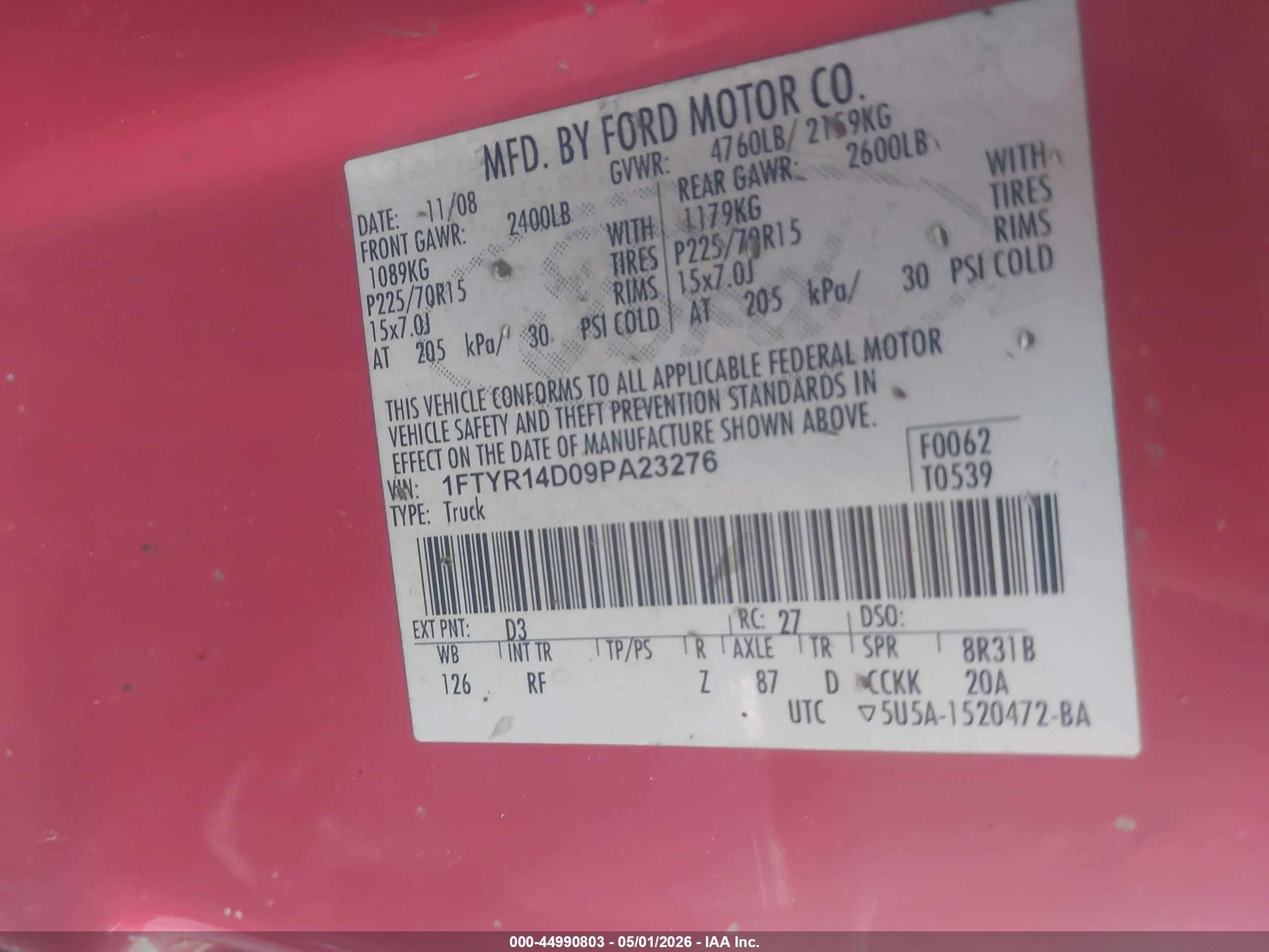 2009 Ford Ranger Xl/xlt Red vin: 1FTYR14D09PA23276