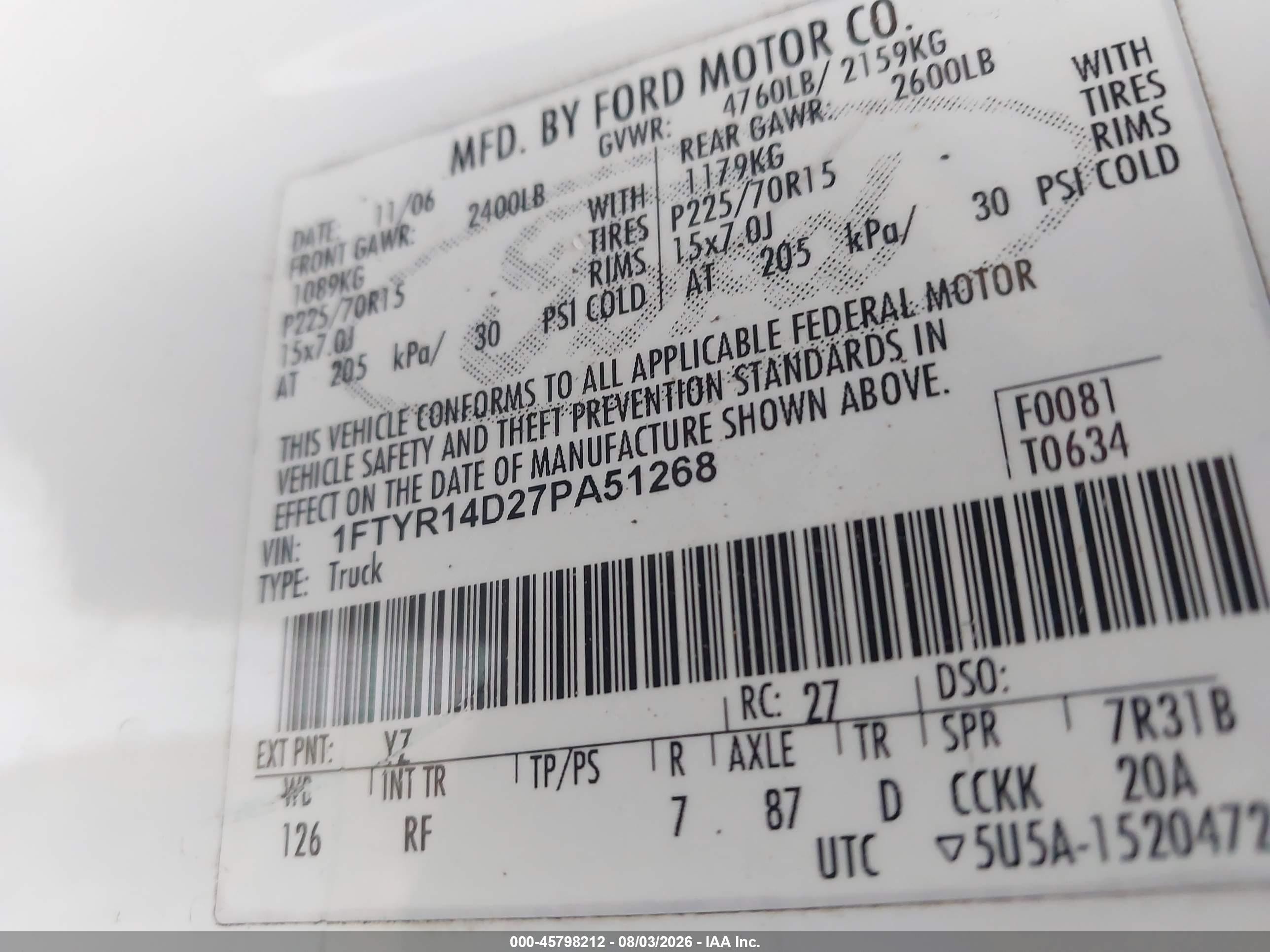 2007 Ford Ranger Stx/xl/xlt White vin: 1FTYR14D27PA51268