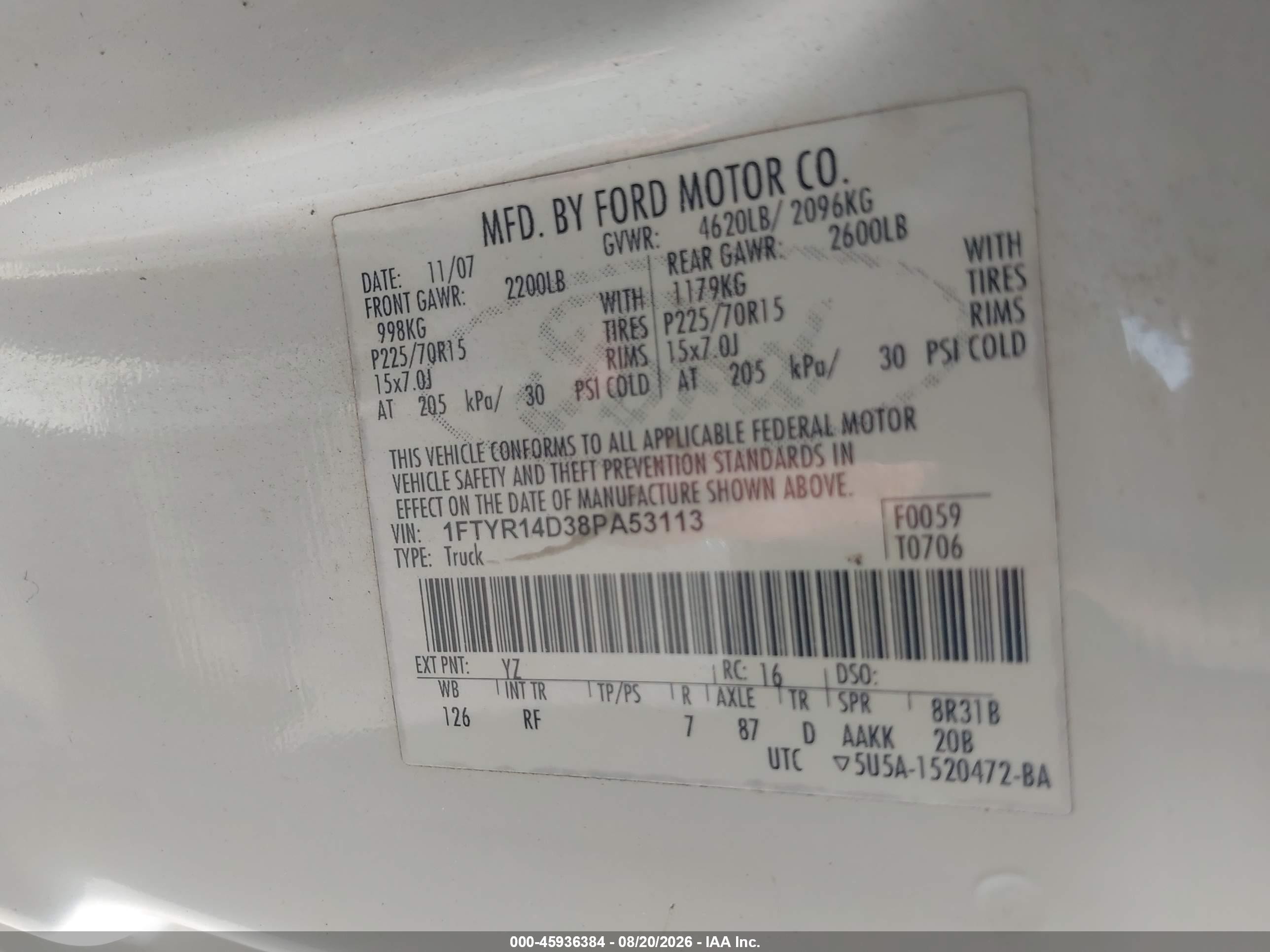 2008 Ford Ranger Xl/xlt White vin: 1FTYR14D38PA53113