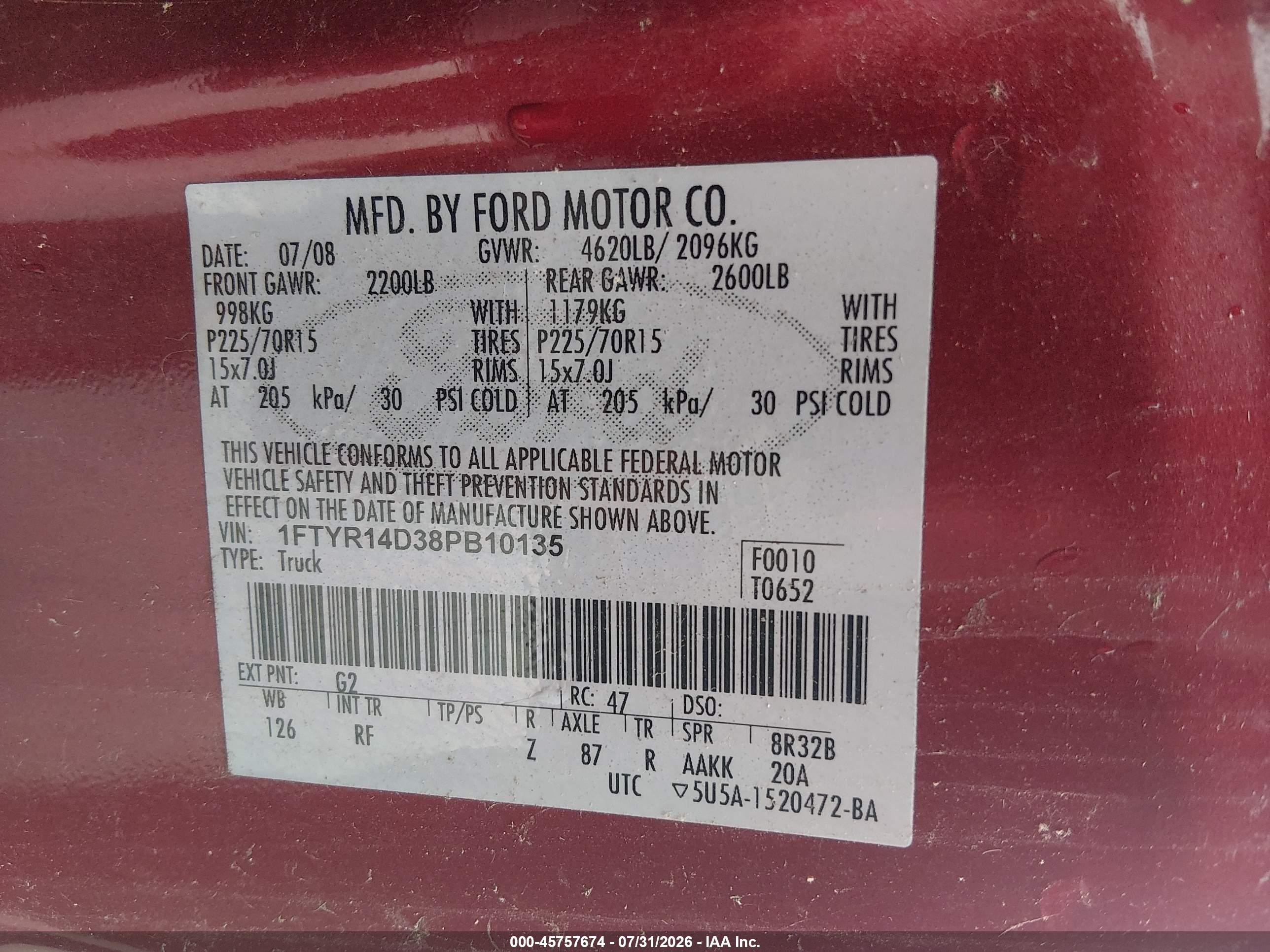 2008 Ford Ranger Xlt Red vin: 1FTYR14D38PB10135