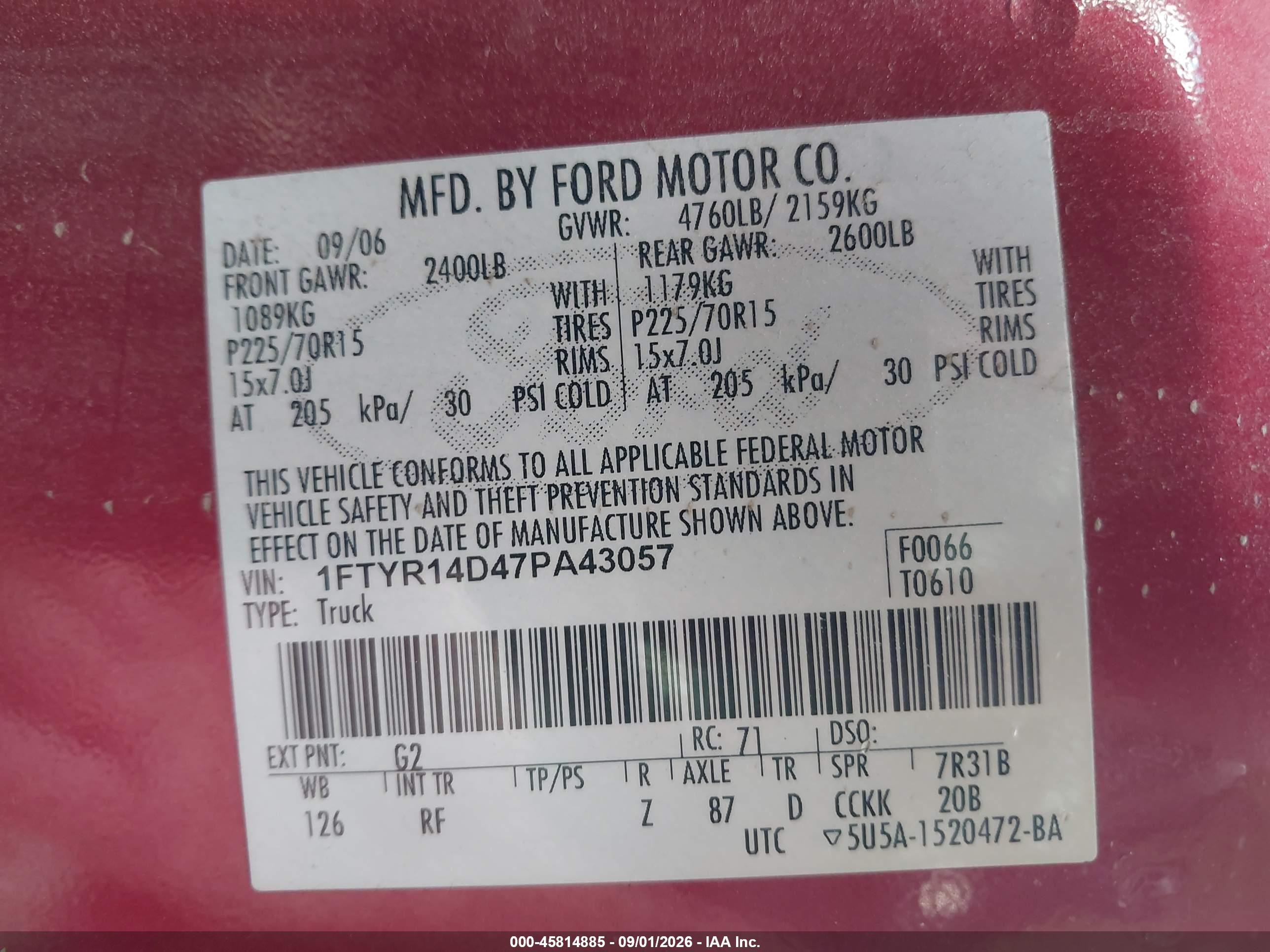 2007 Ford Ranger Stx/xl/xlt Red vin: 1FTYR14D47PA43057