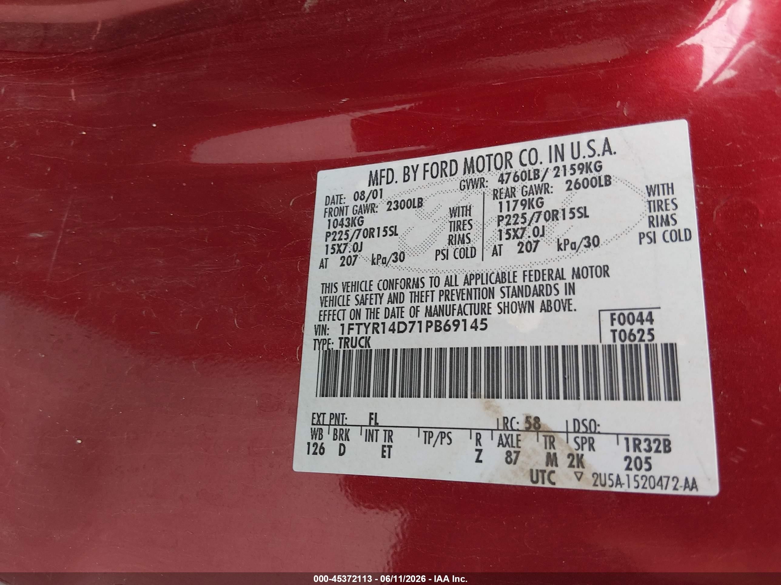 2001 Ford Ranger Xl/xlt Red vin: 1FTYR14D71PB69145