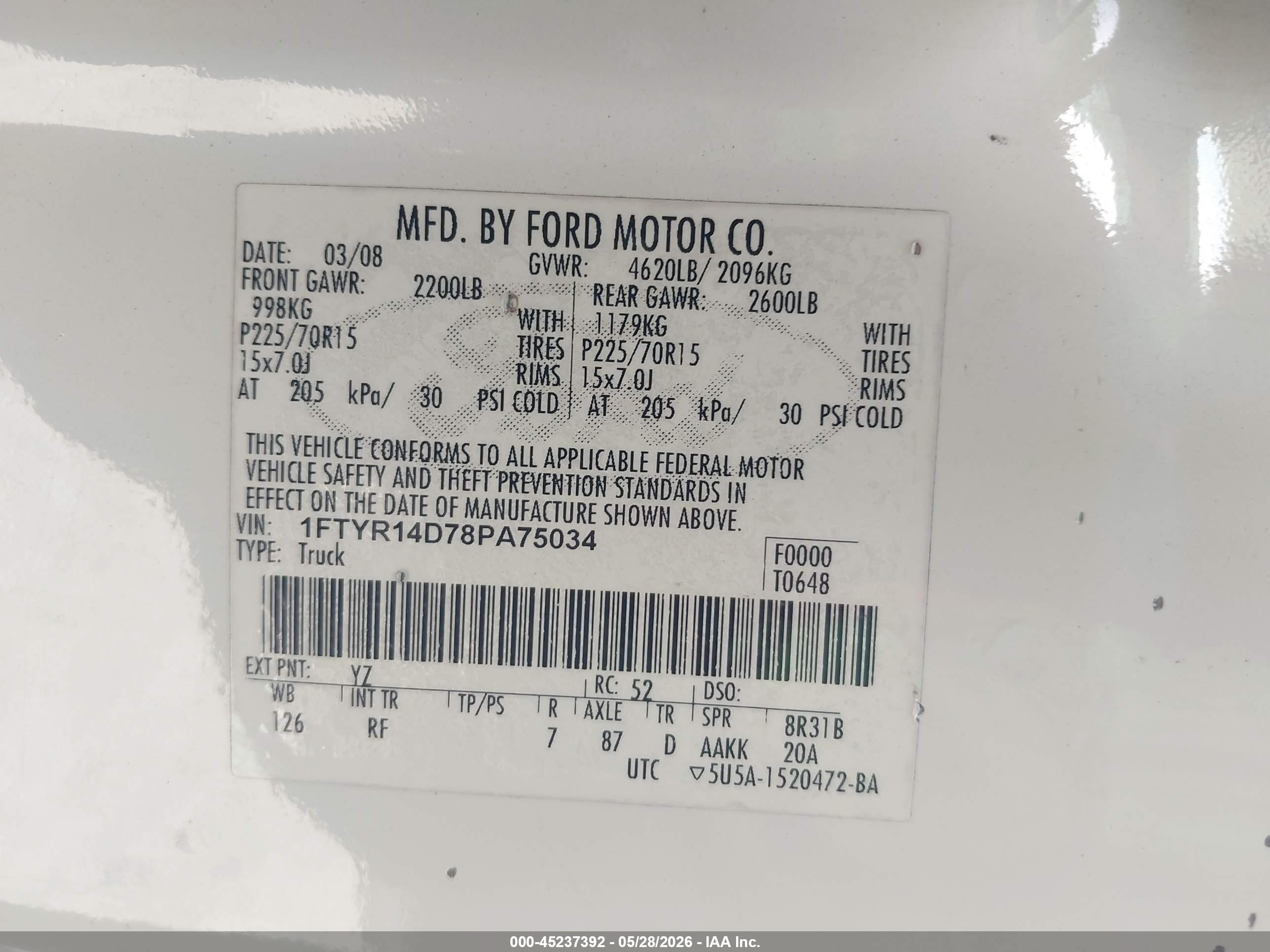 2008 Ford Ranger Xl/xlt Белый vin: 1FTYR14D78PA75034