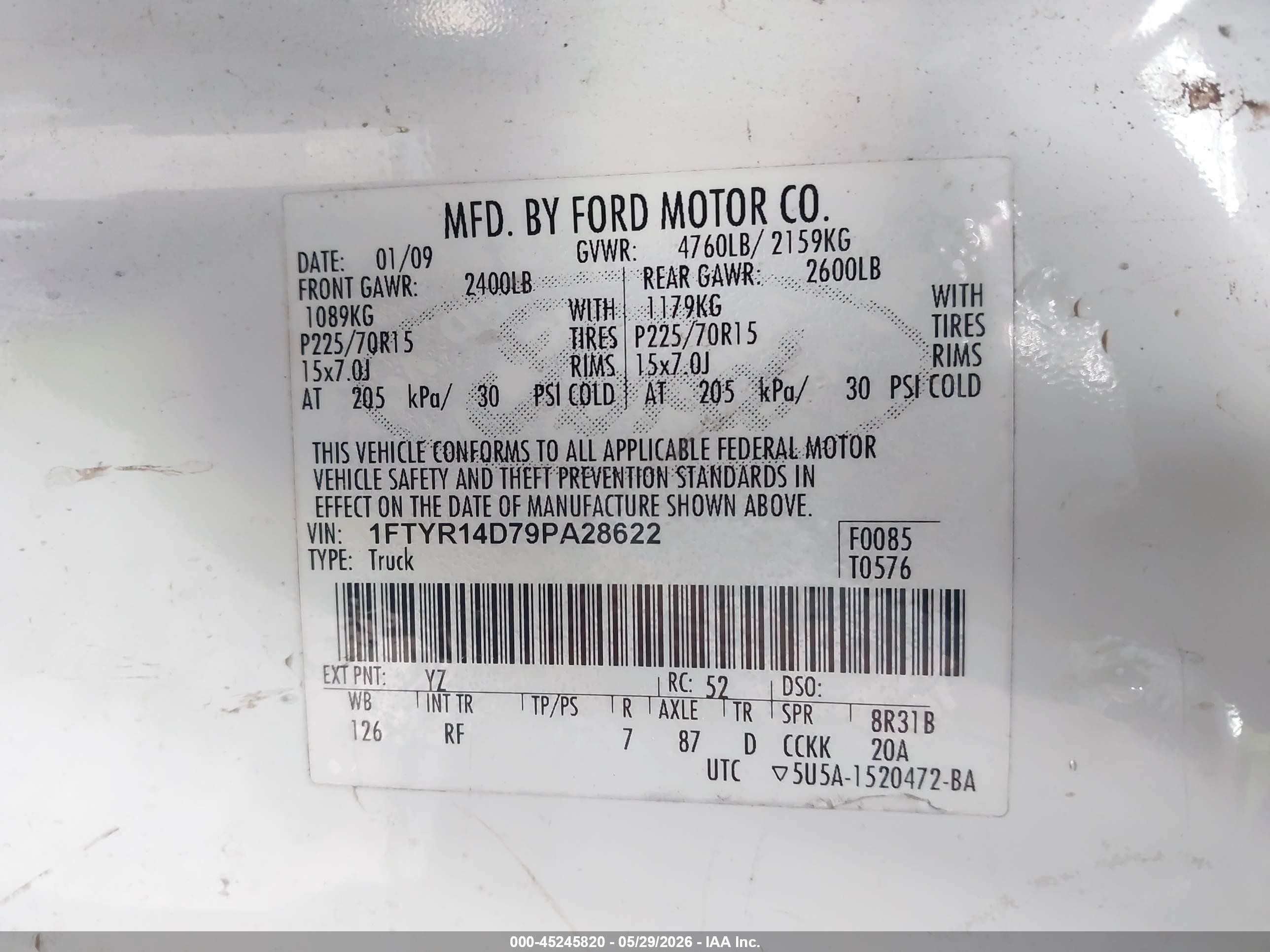2009 Ford Ranger Xl/xlt White vin: 1FTYR14D79PA28622