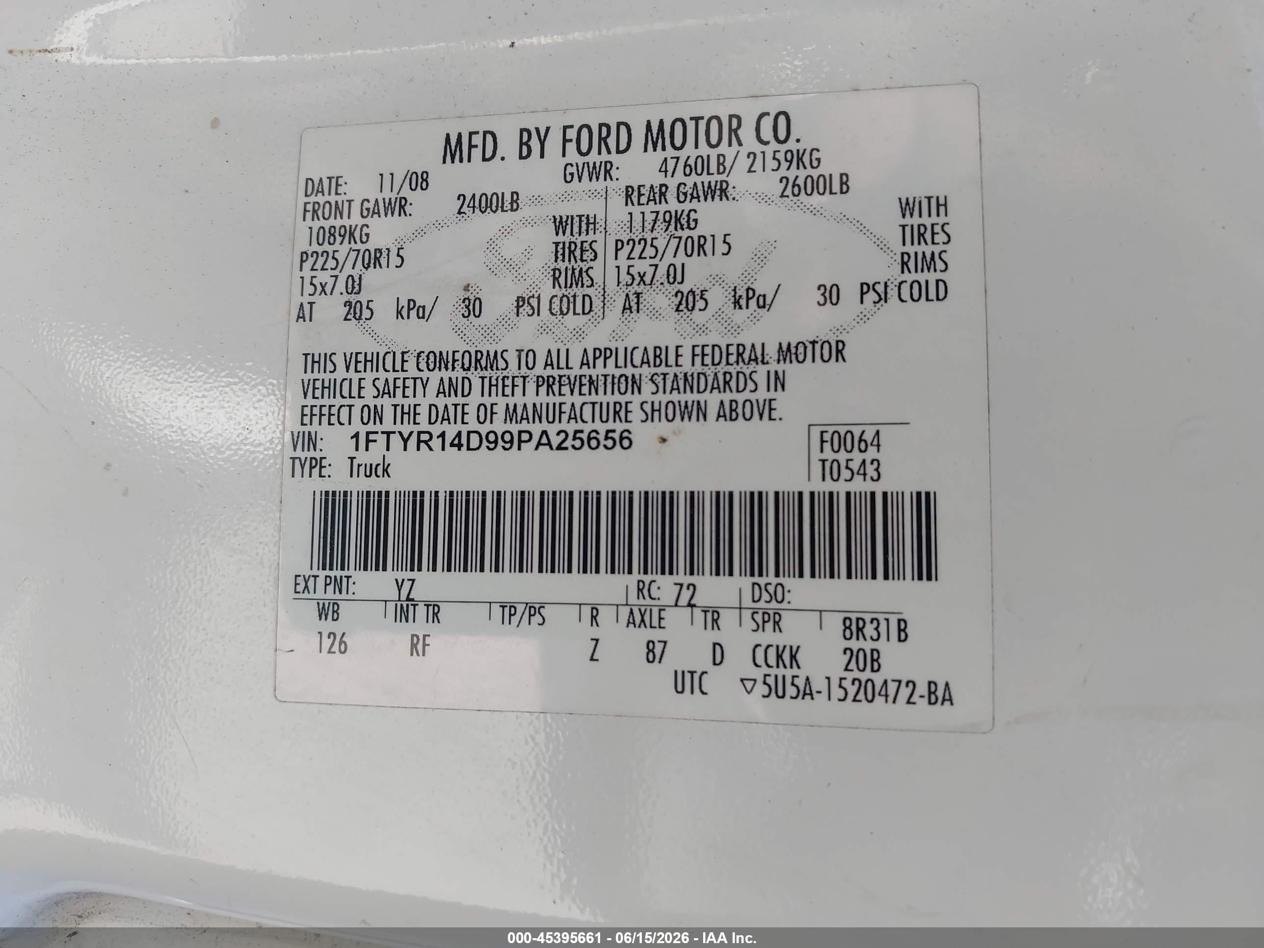 2009 Ford Ranger Xl/xlt White vin: 1FTYR14D99PA25656