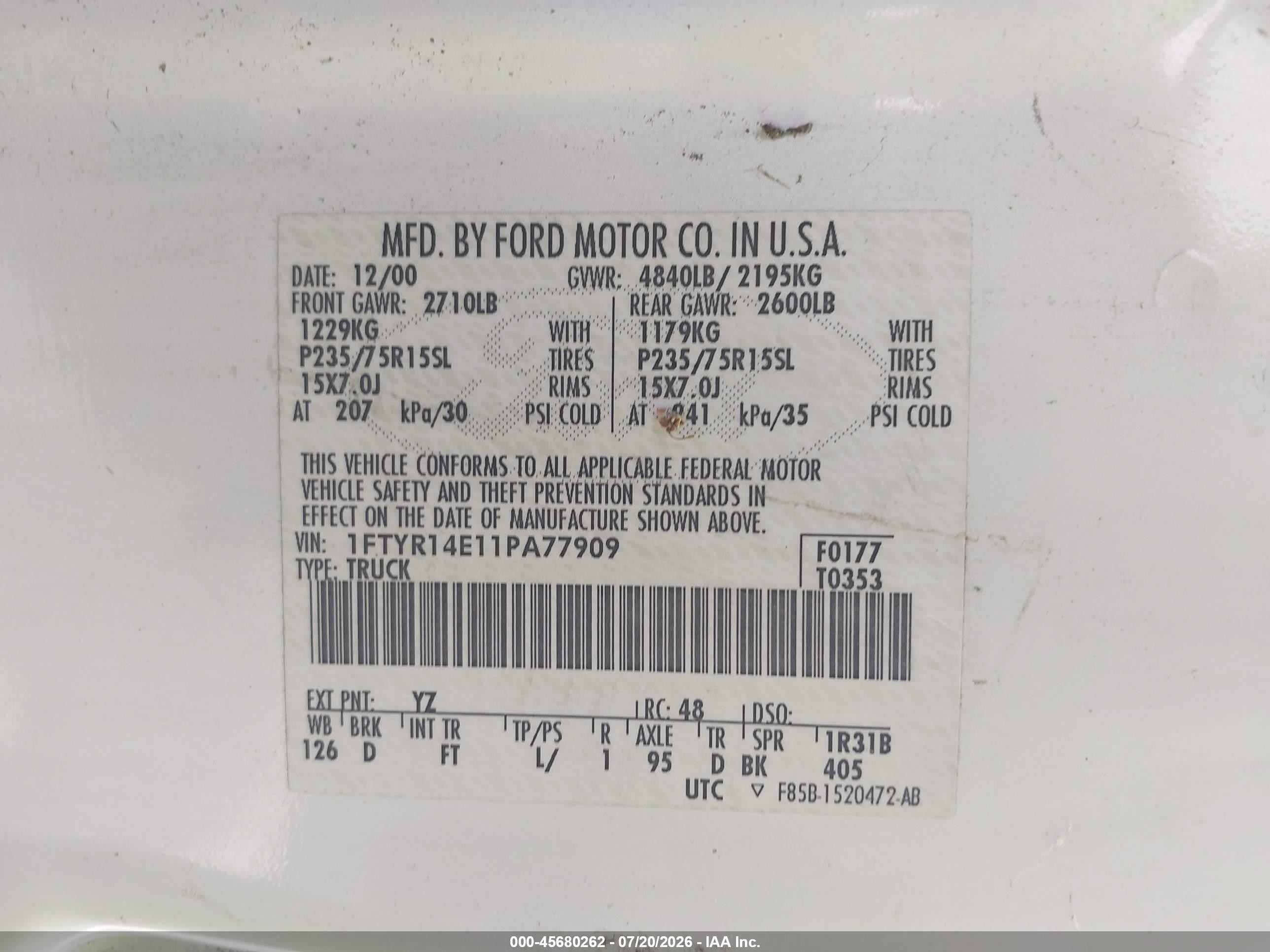2001 Ford Ranger Edge/xlt Белый vin: 1FTYR14E11PA77909