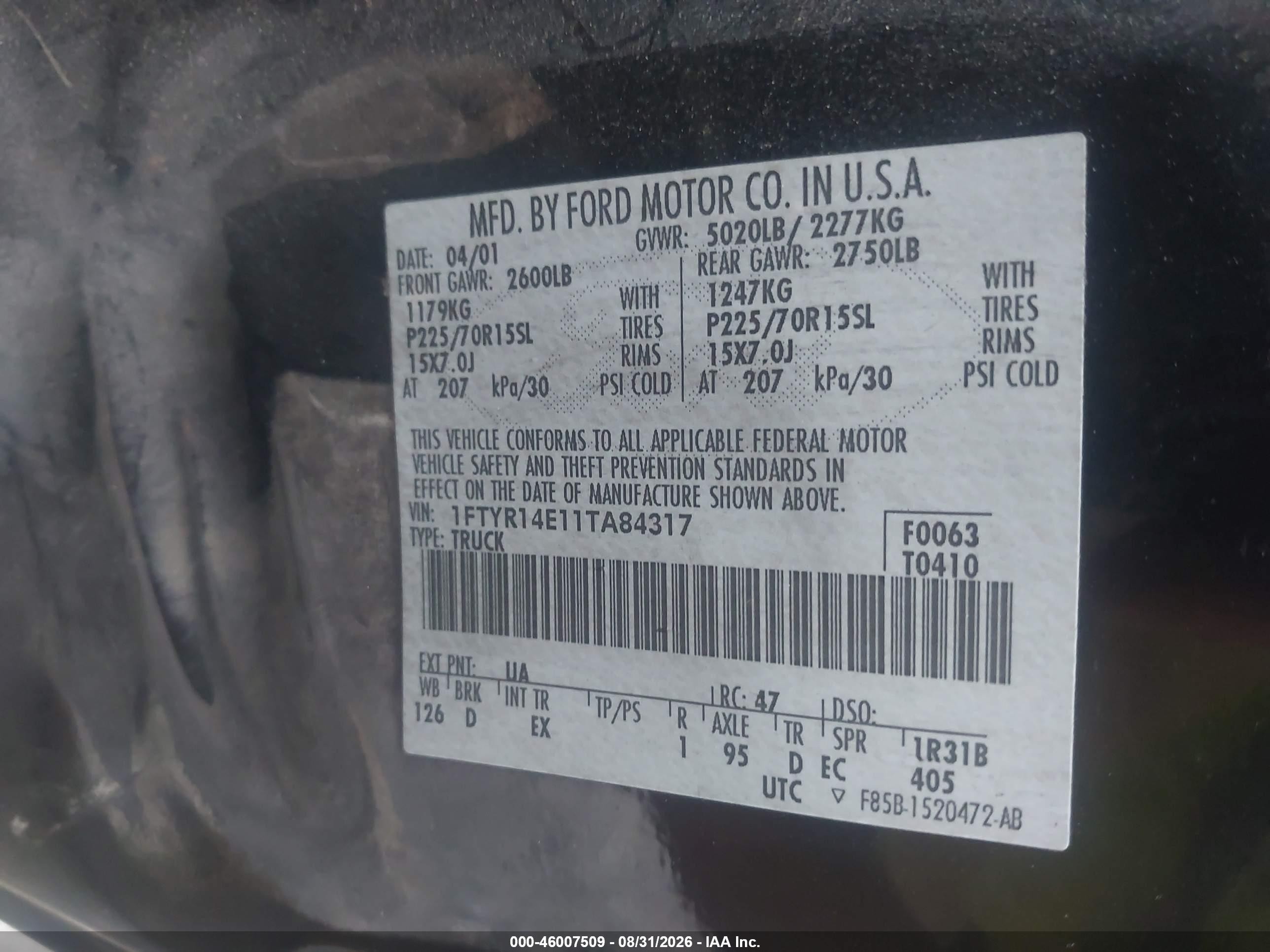 2001 Ford Ranger Edge/xlt Black vin: 1FTYR14E11TA84317