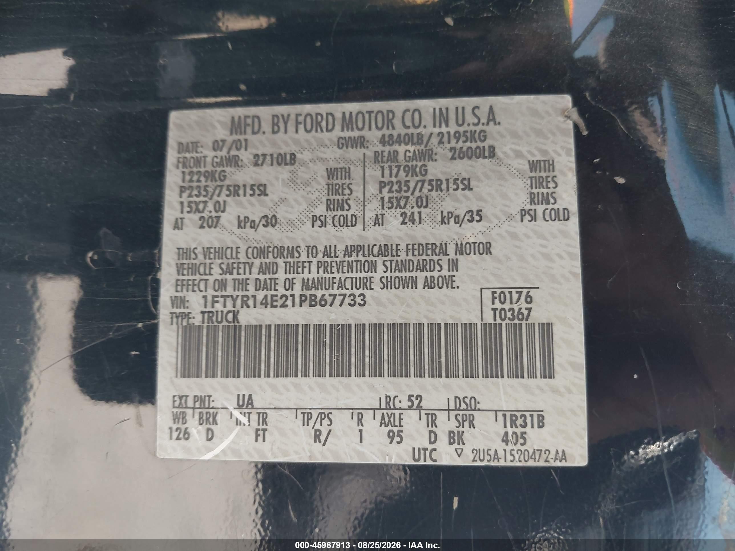 2001 Ford Ranger Edge/xlt Black vin: 1FTYR14E21PB67733