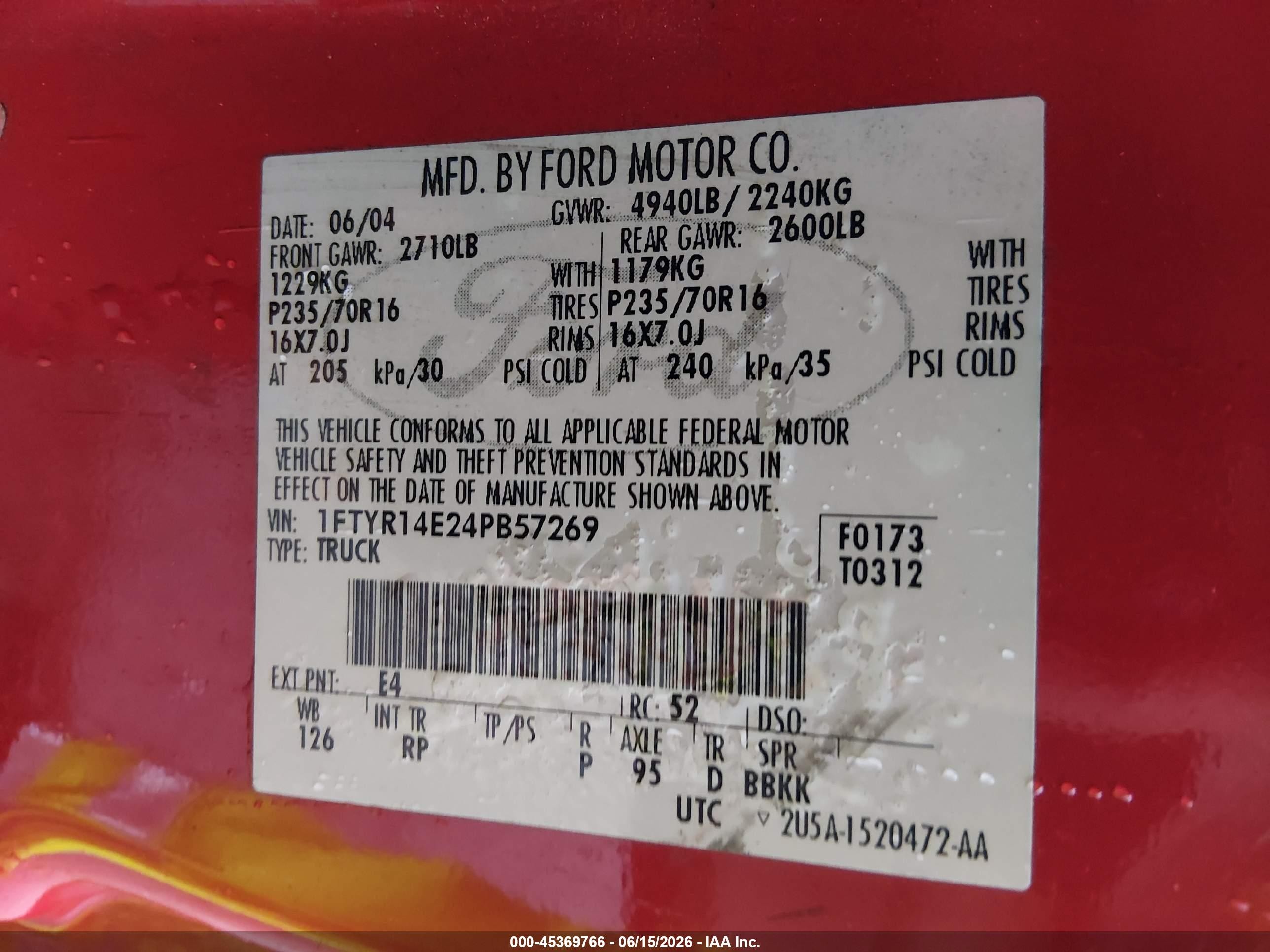 2004 Ford Ranger Edge Red vin: 1FTYR14E24PB57269