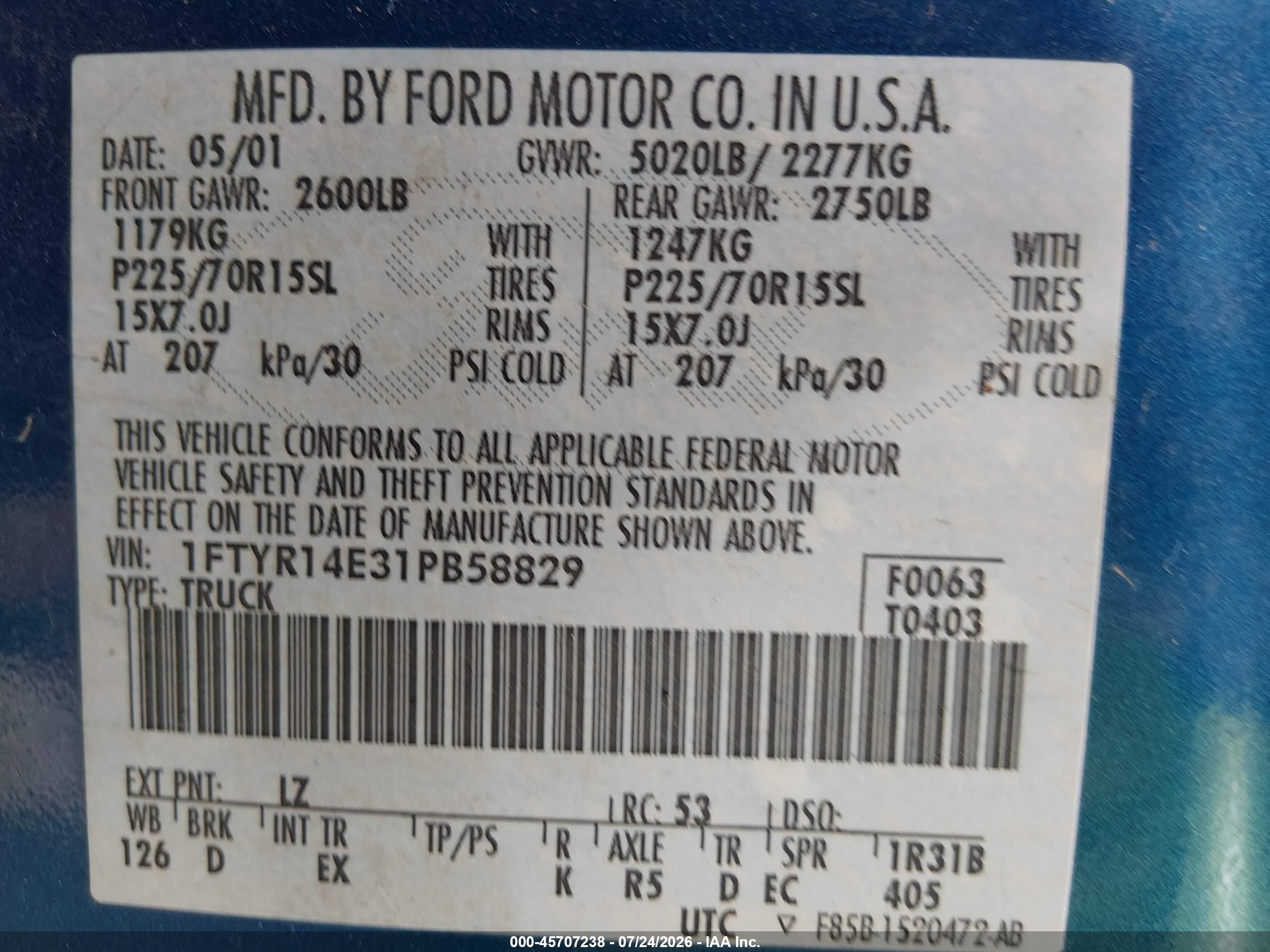 2001 Ford Ranger Edge/xlt Blue vin: 1FTYR14E31PB58829