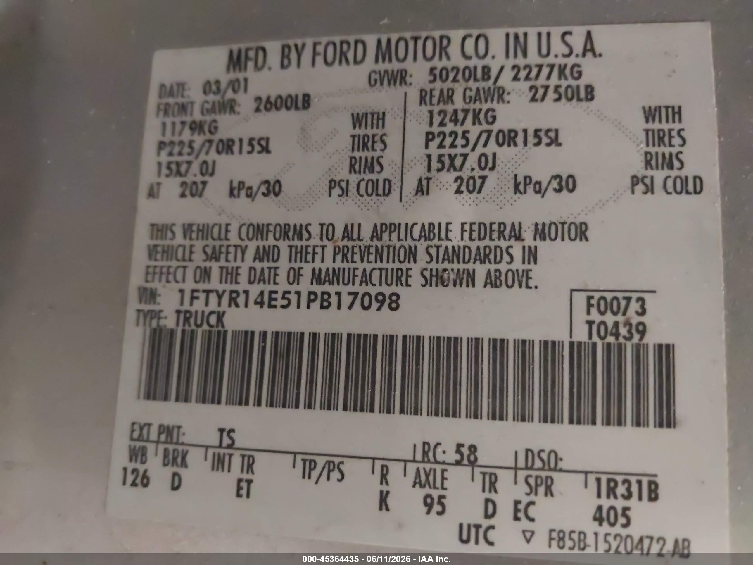 2001 Ford Ranger Edge/xlt Silver vin: 1FTYR14E51PB17098