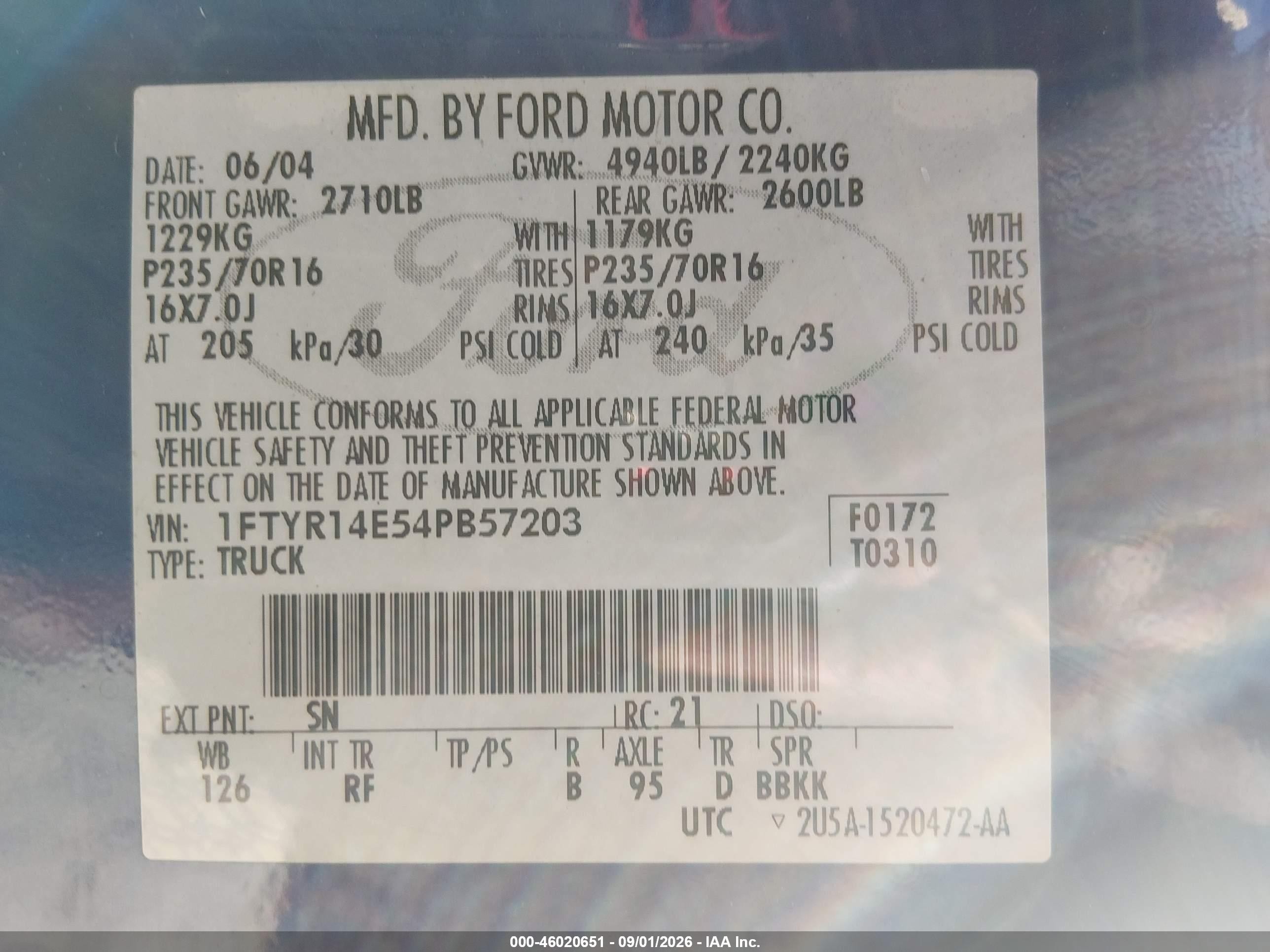 2004 Ford Ranger Edge Blue vin: 1FTYR14E54PB57203