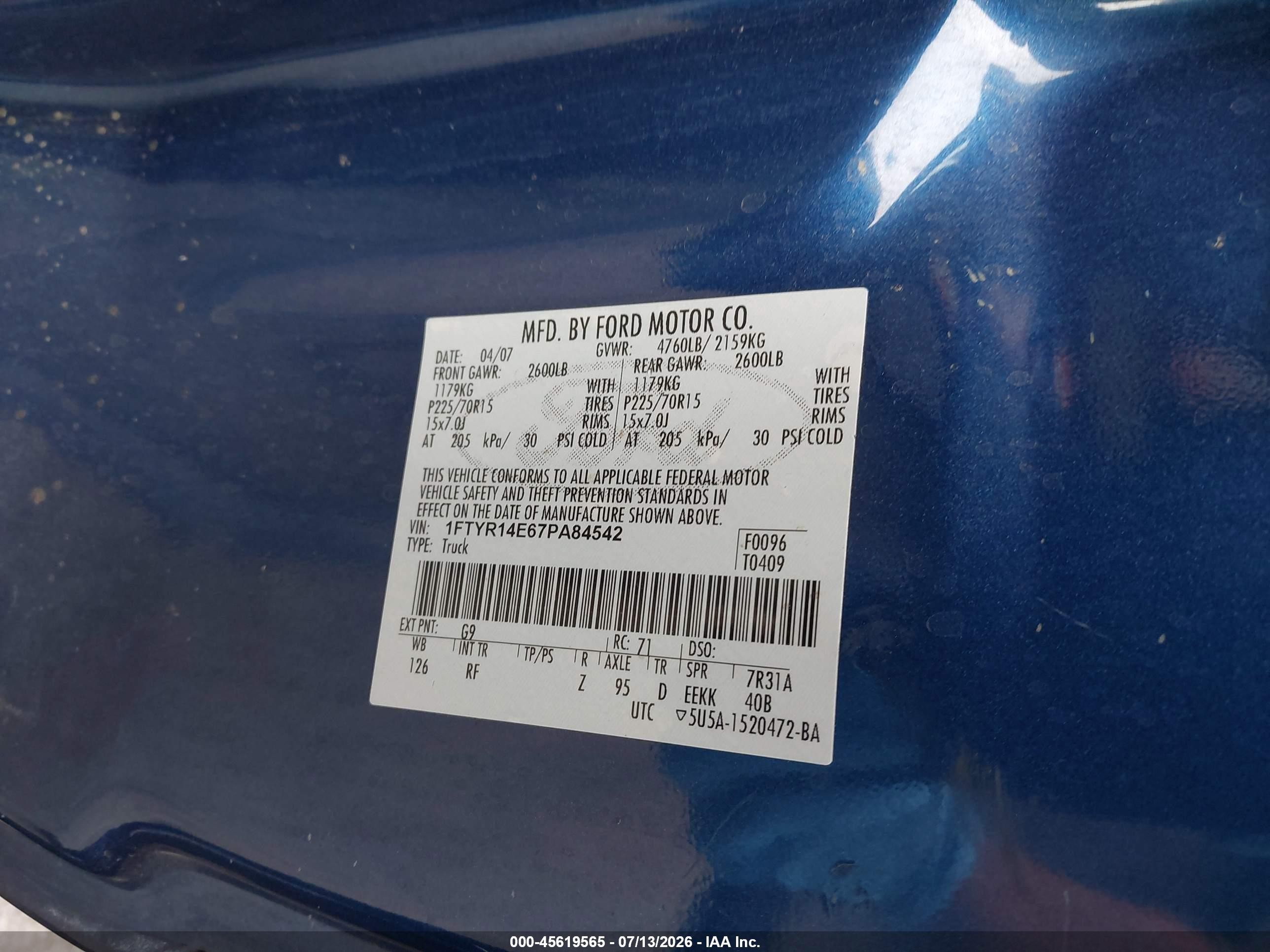 2007 Ford Ranger Sport/stx/xl/xlt Синий vin: 1FTYR14E67PA84542