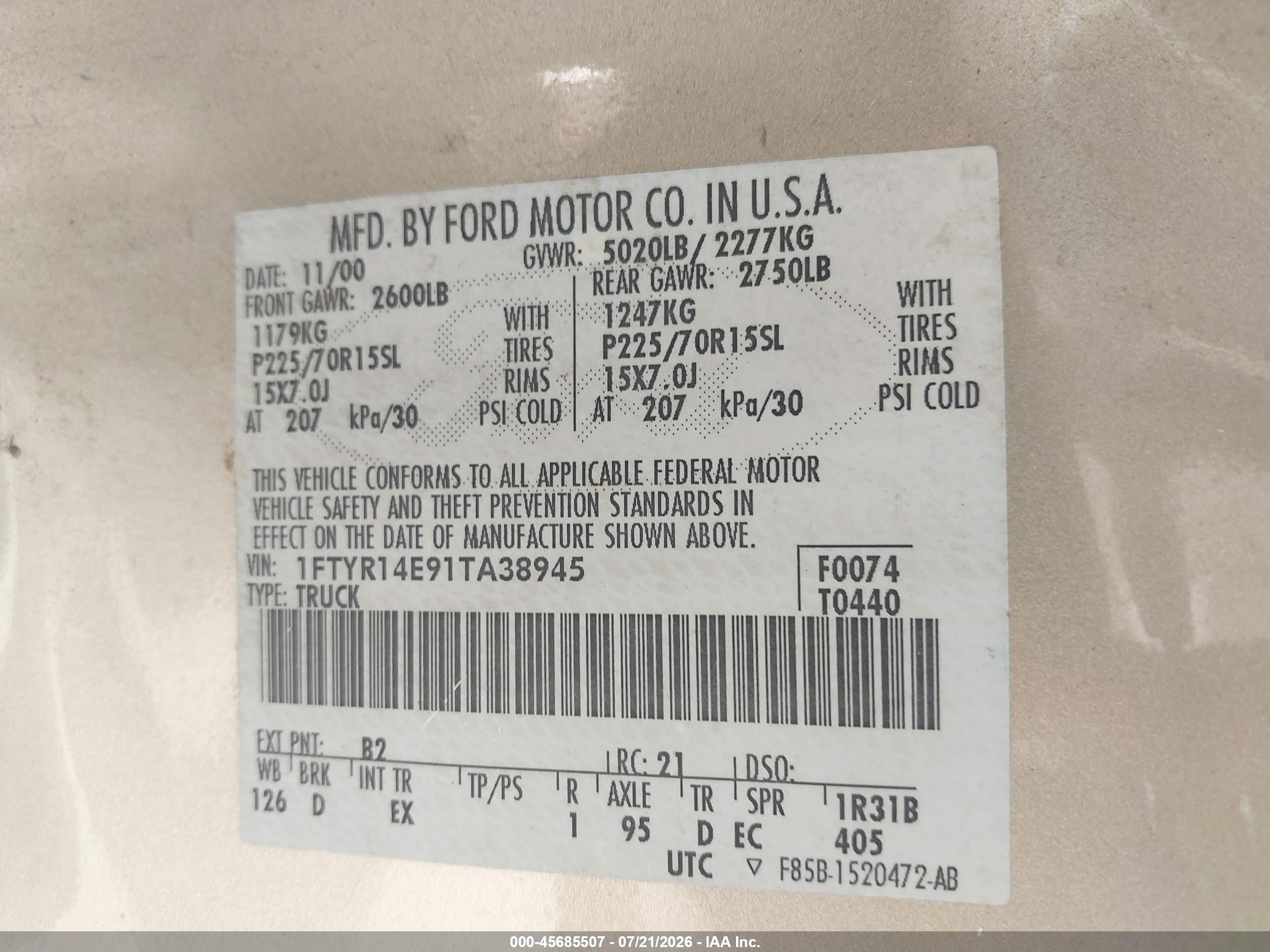 2001 Ford Ranger Edge/xlt Золотой vin: 1FTYR14E91TA38945