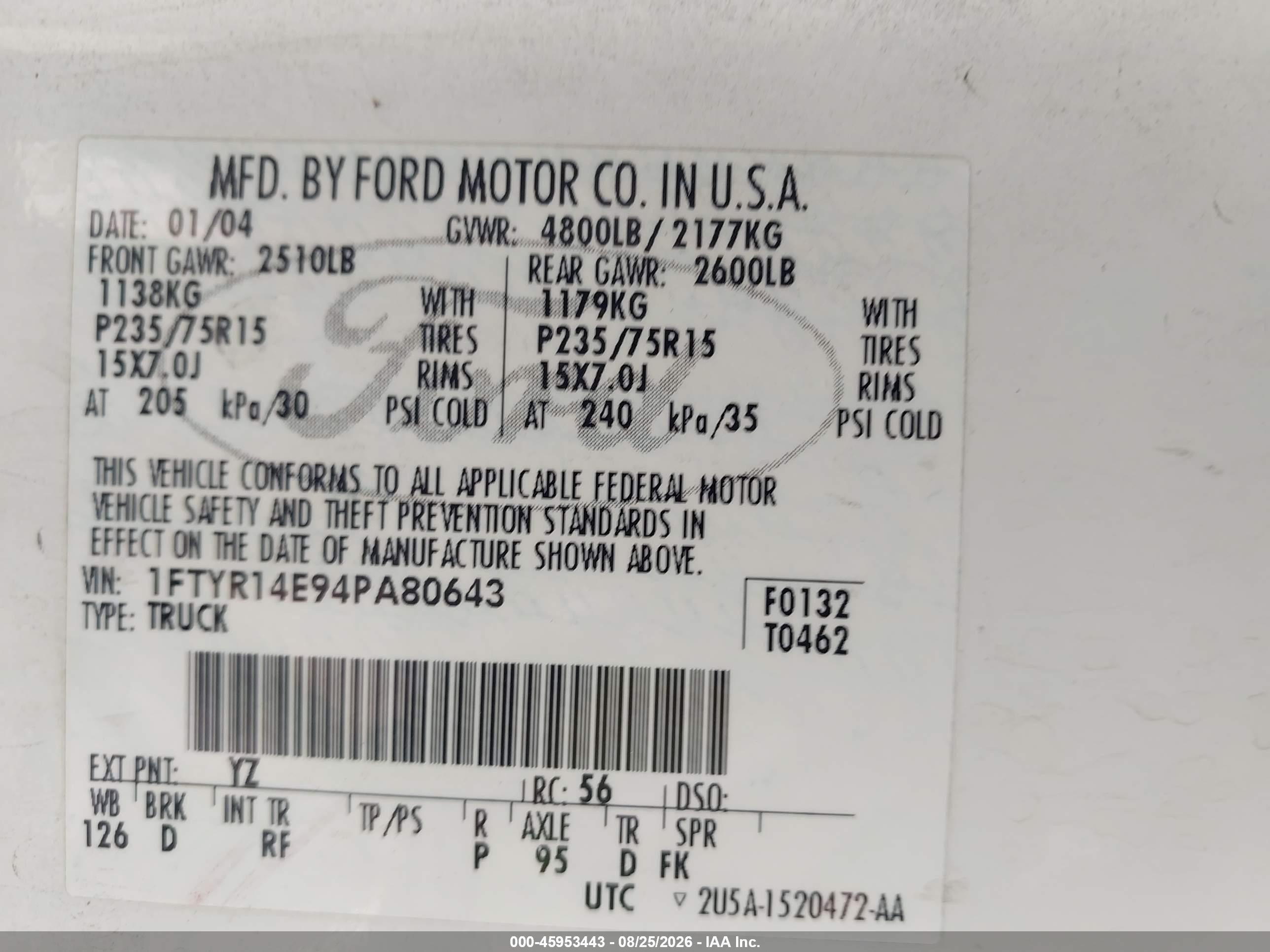 2004 Ford Ranger Edge White vin: 1FTYR14E94PA80643