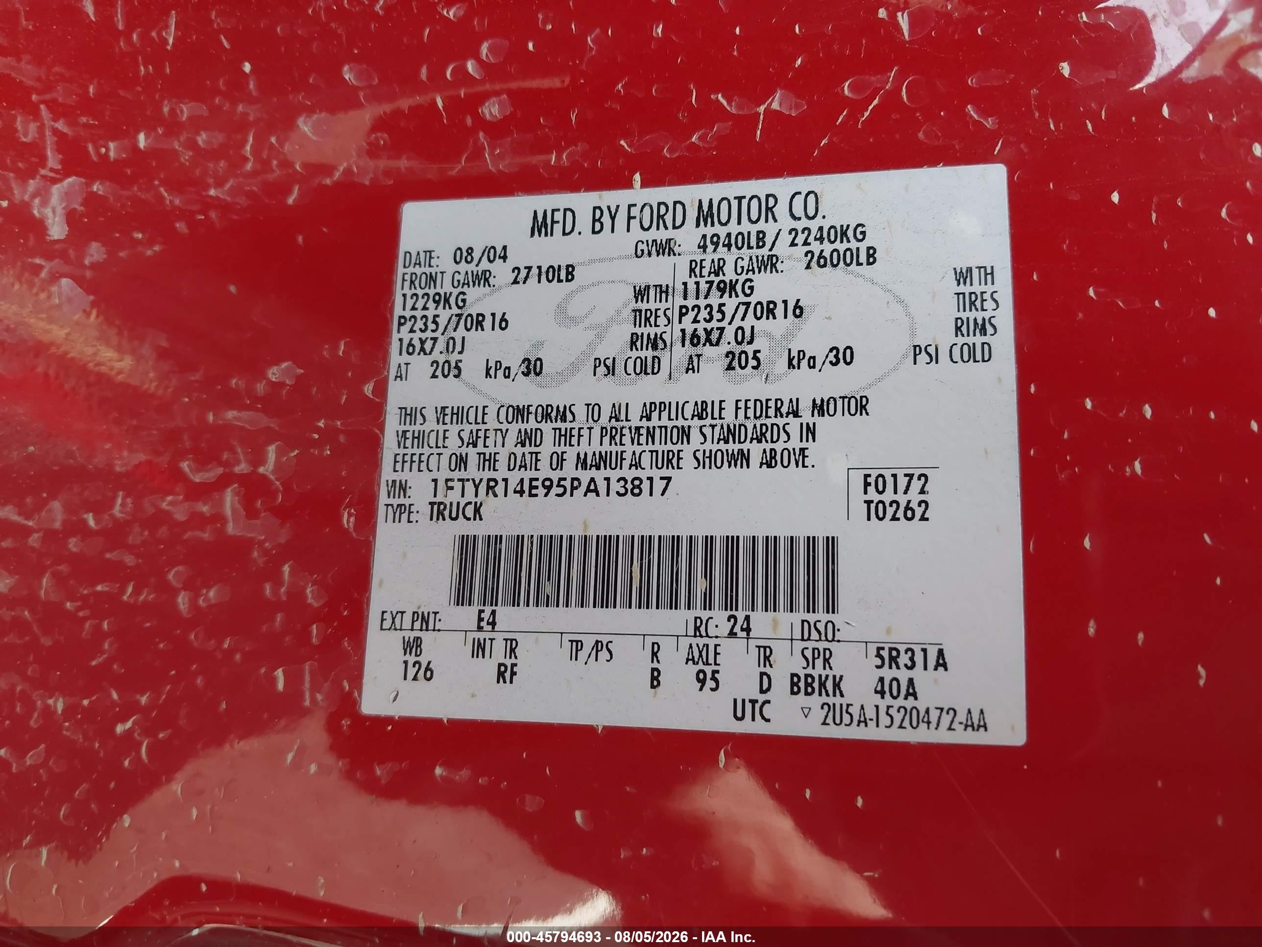 2005 Ford Ranger Edge/stx/xl/xlt Red vin: 1FTYR14E95PA13817
