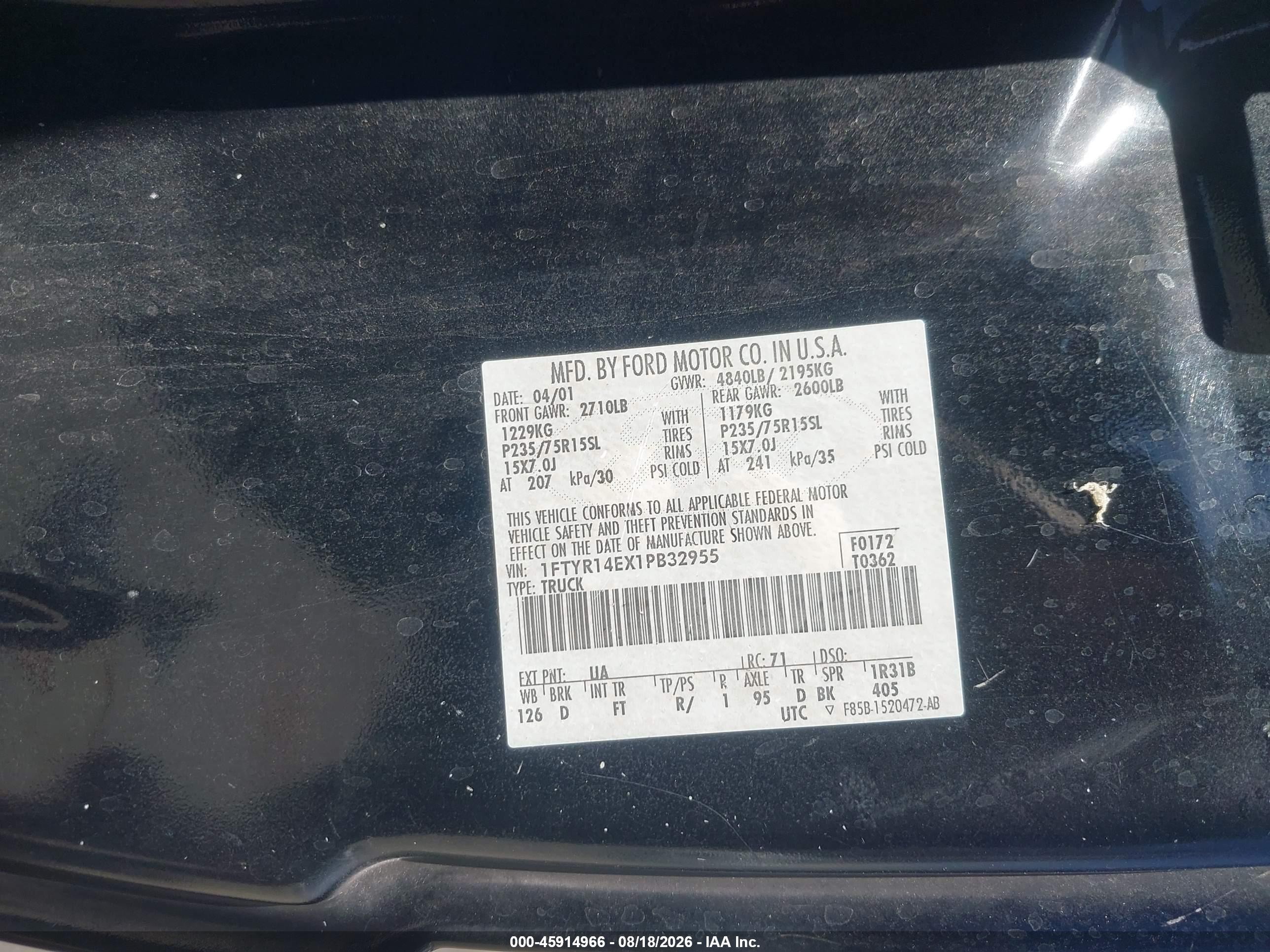 2001 Ford Ranger Edge/xlt Black vin: 1FTYR14EX1PB32955