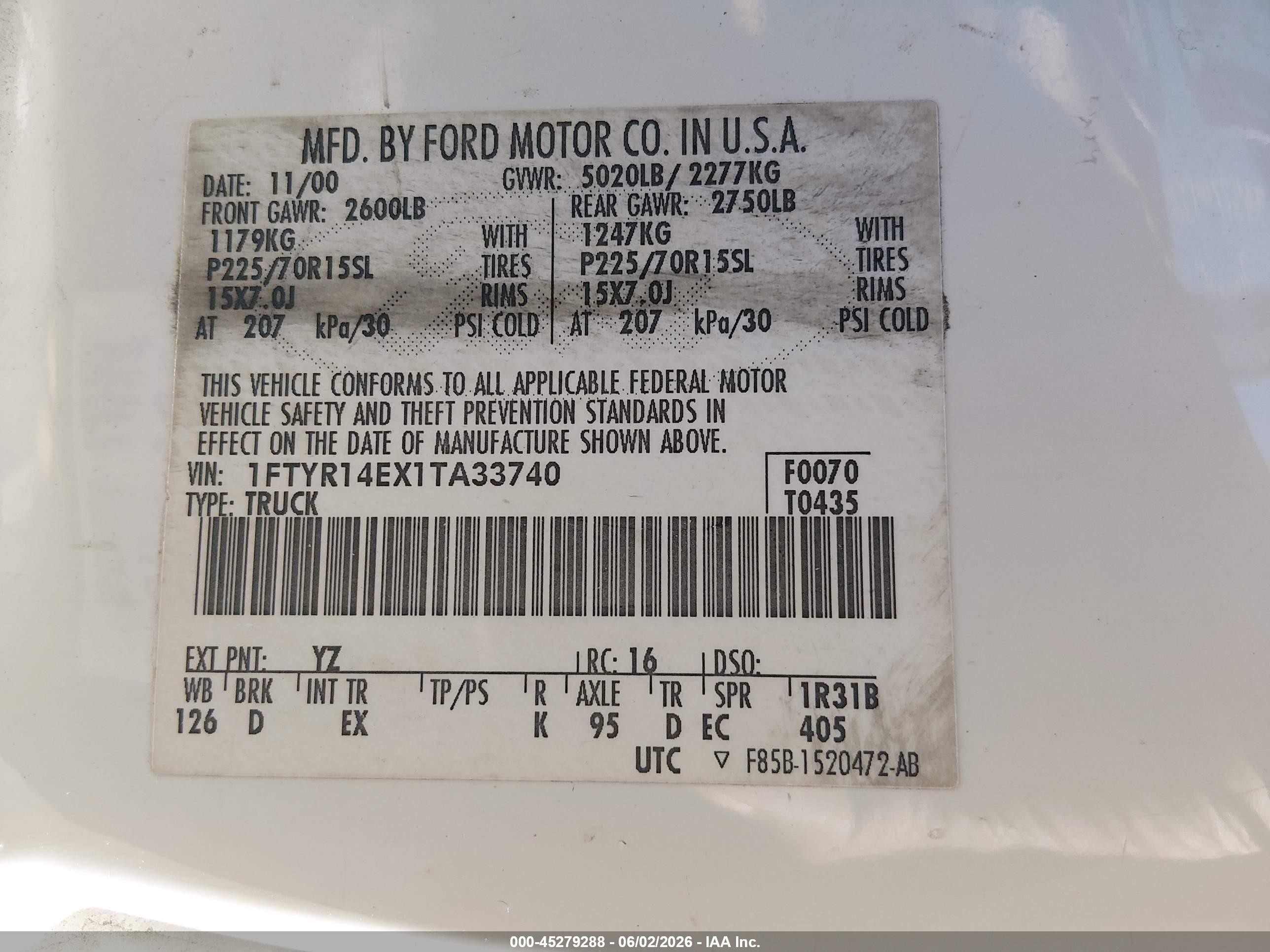 2001 Ford Ranger Edge/xlt White vin: 1FTYR14EX1TA33740