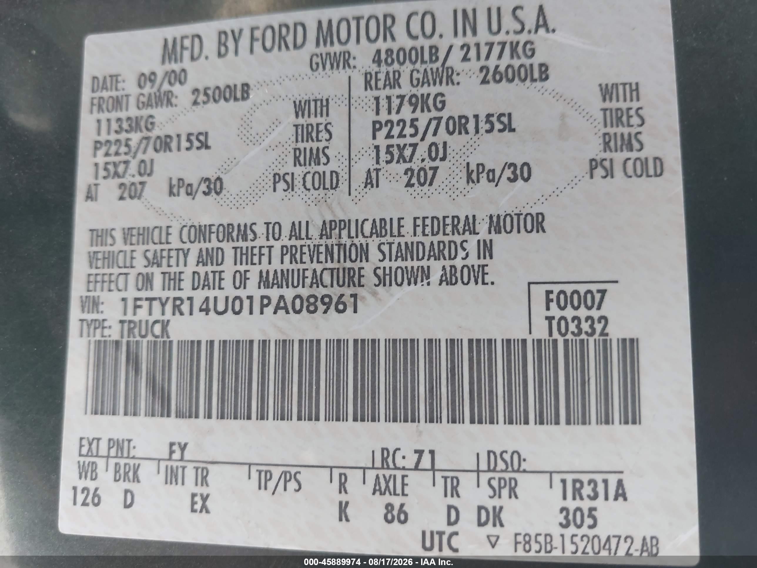 2001 Ford Ranger Edge/xl/xlt Green vin: 1FTYR14U01PA08961