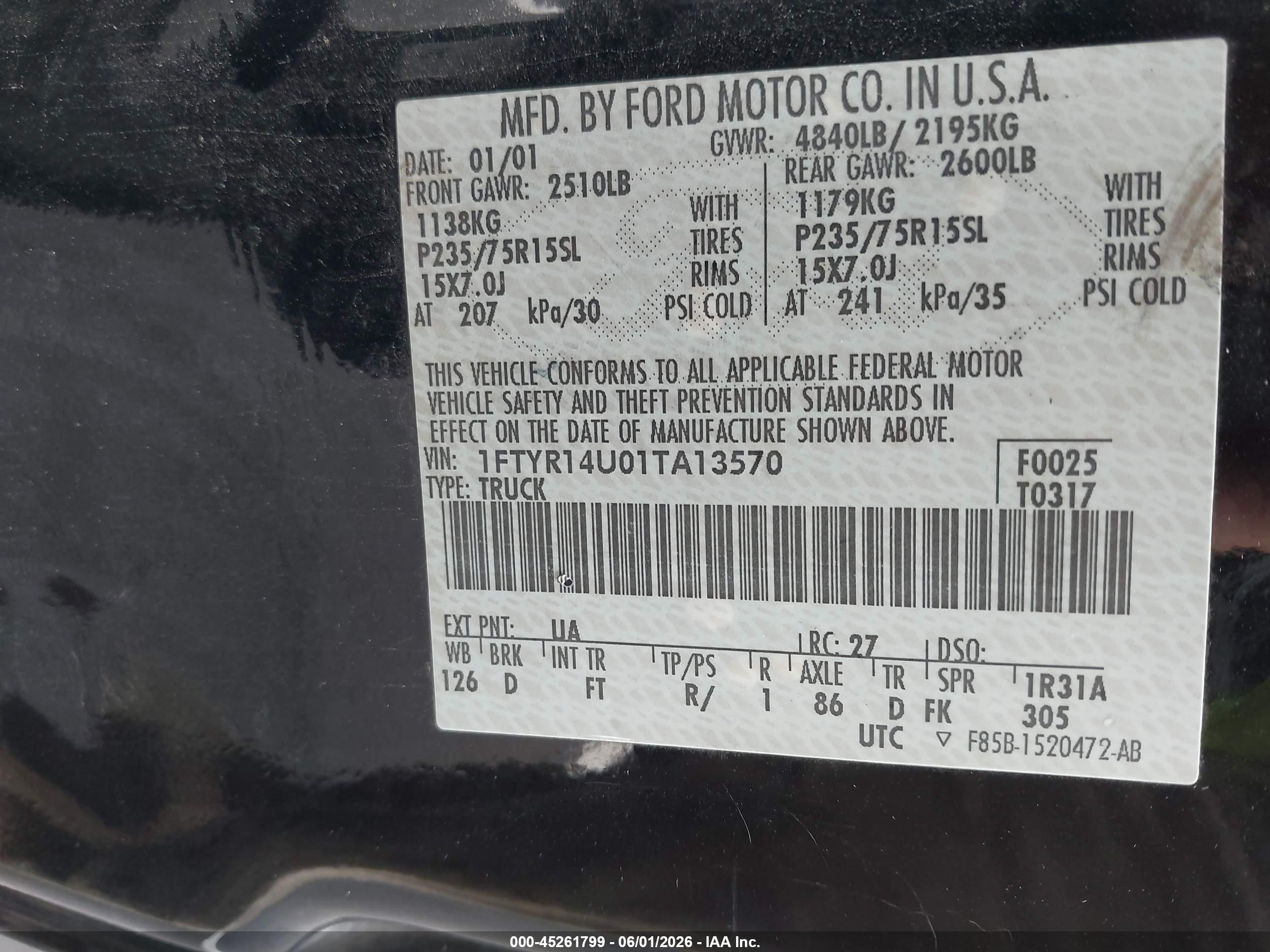 2001 Ford Ranger Edge/xl/xlt Black vin: 1FTYR14U01TA13570