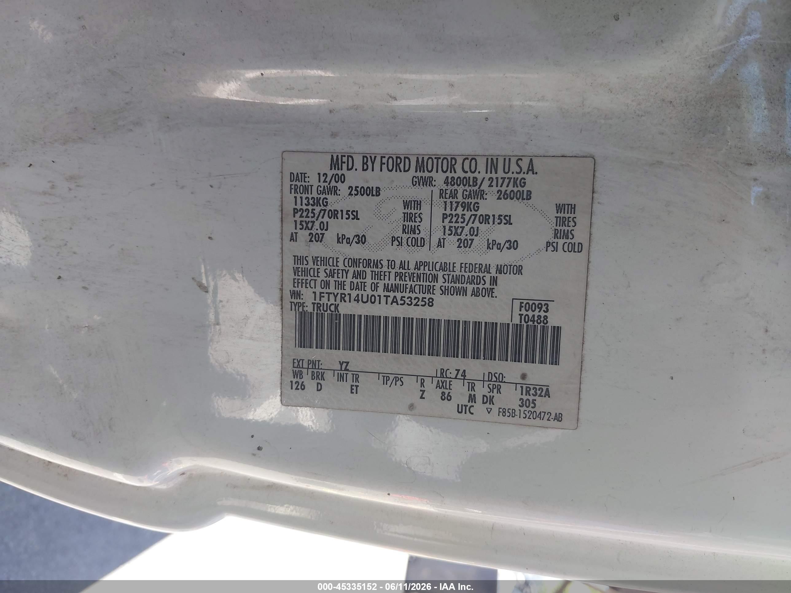 2001 Ford Ranger Edge/xl/xlt White vin: 1FTYR14U01TA53258