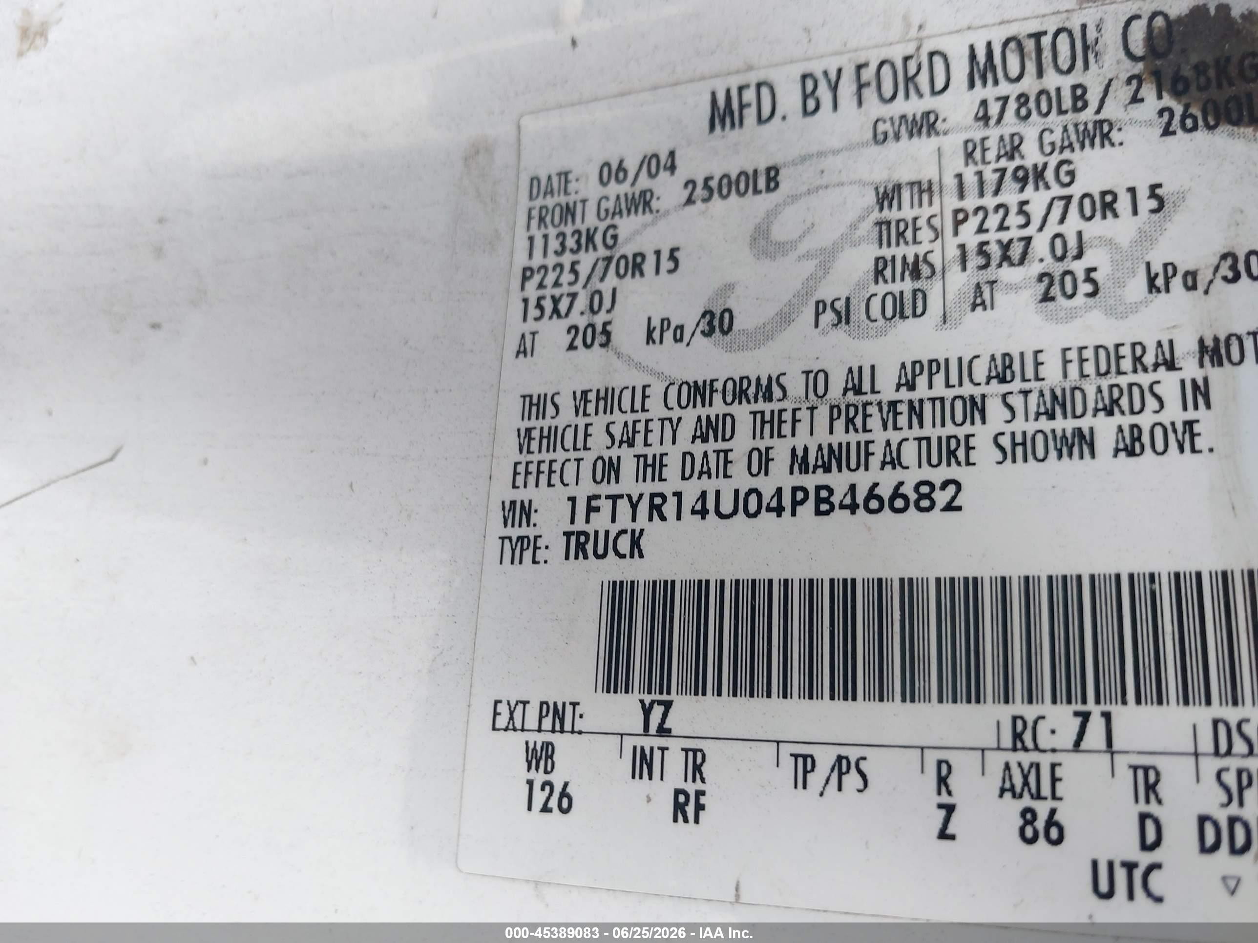 2004 Ford Ranger Edge/tremor/xl/xlt Белый vin: 1FTYR14U04PB46682