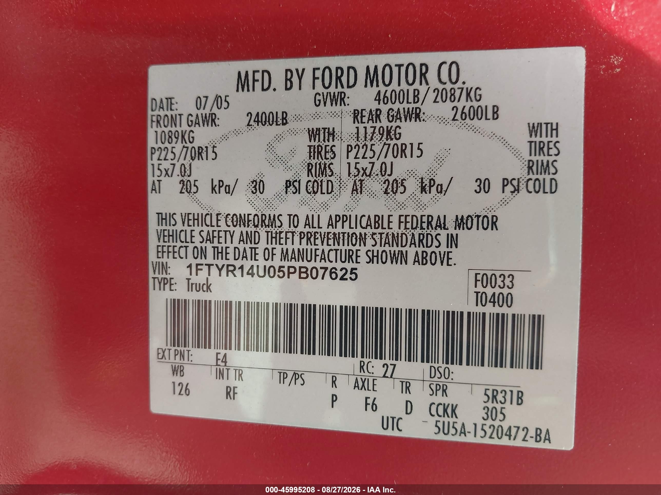 2005 Ford Ranger Edge/stx/xl/xlt Red vin: 1FTYR14U05PB07625