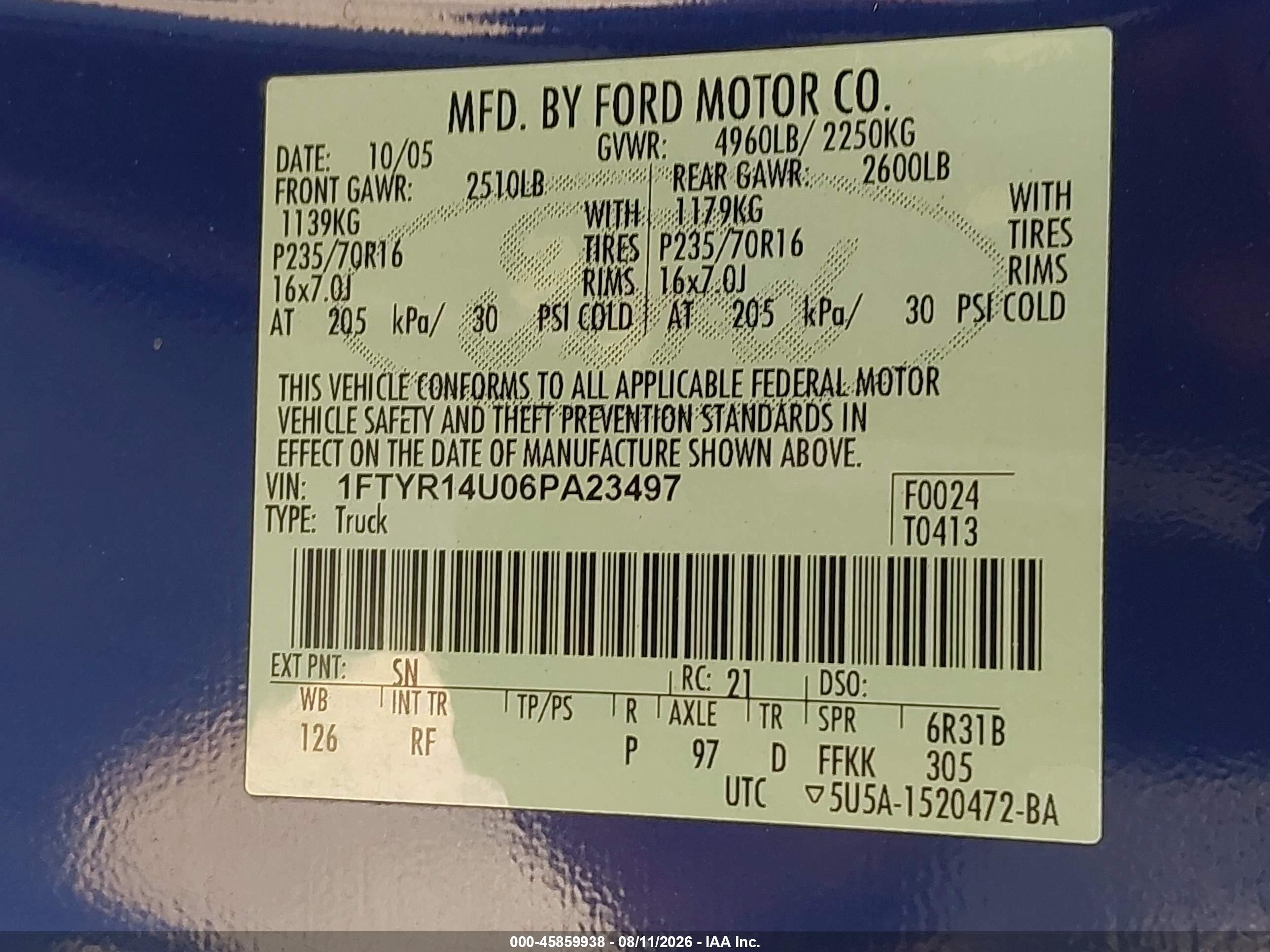2006 Ford Ranger Sport/stx/xl/xlt Blue vin: 1FTYR14U06PA23497